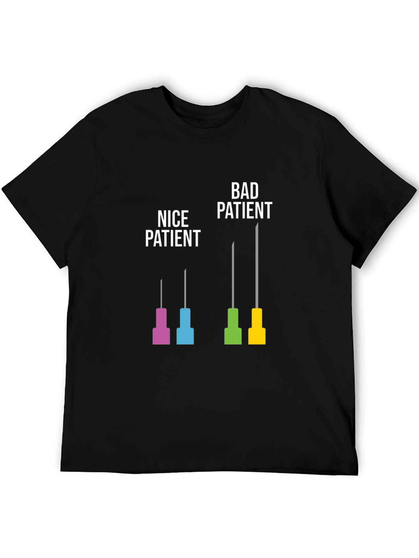 Black Funny Medical Humor T-Shirt: Nice vs. Bad Patient Needle Design view 5