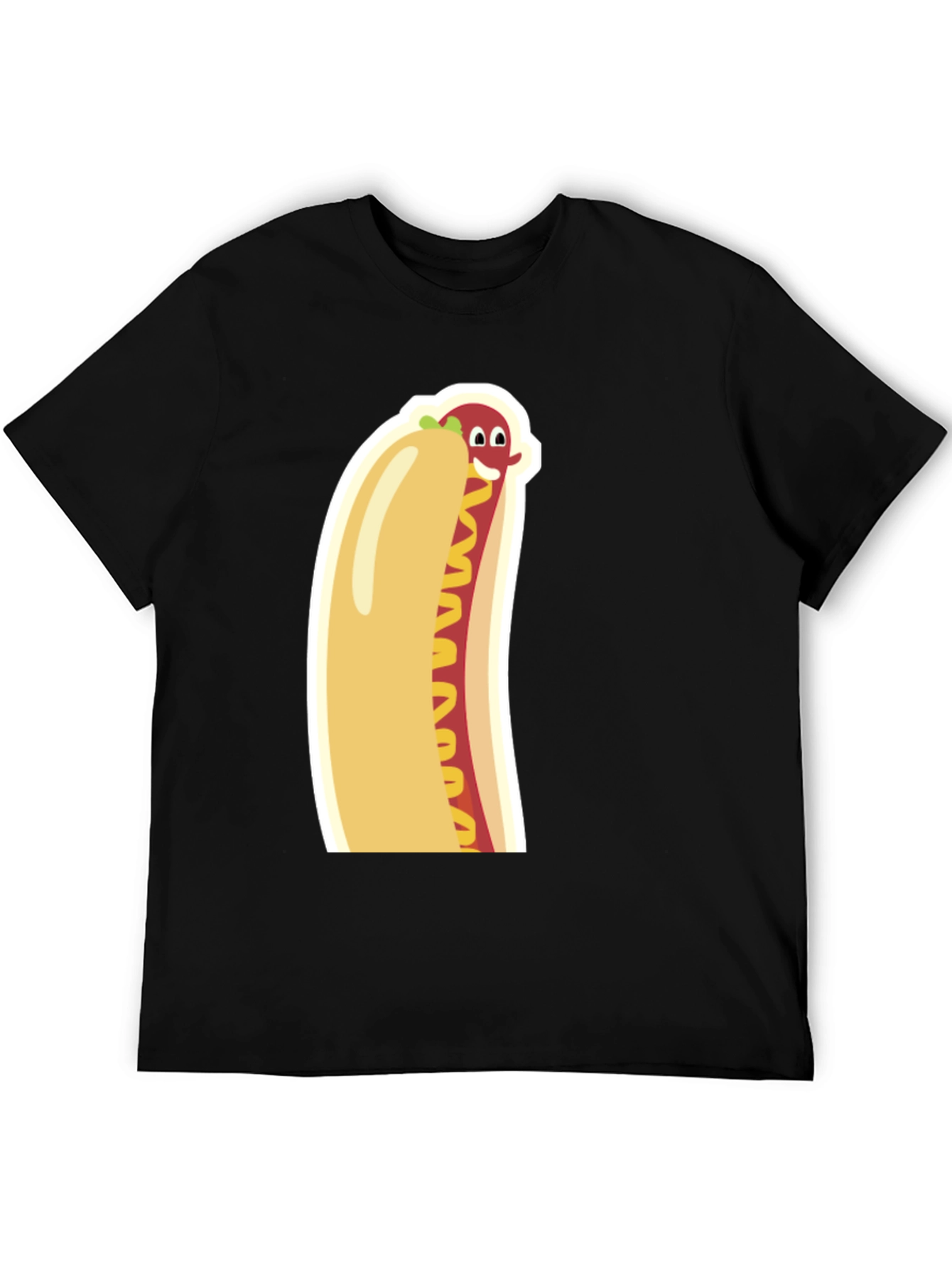 Black Funny Cartoon Hot Dog Graphic Tee - Unisex Black T-Shirt view 5
