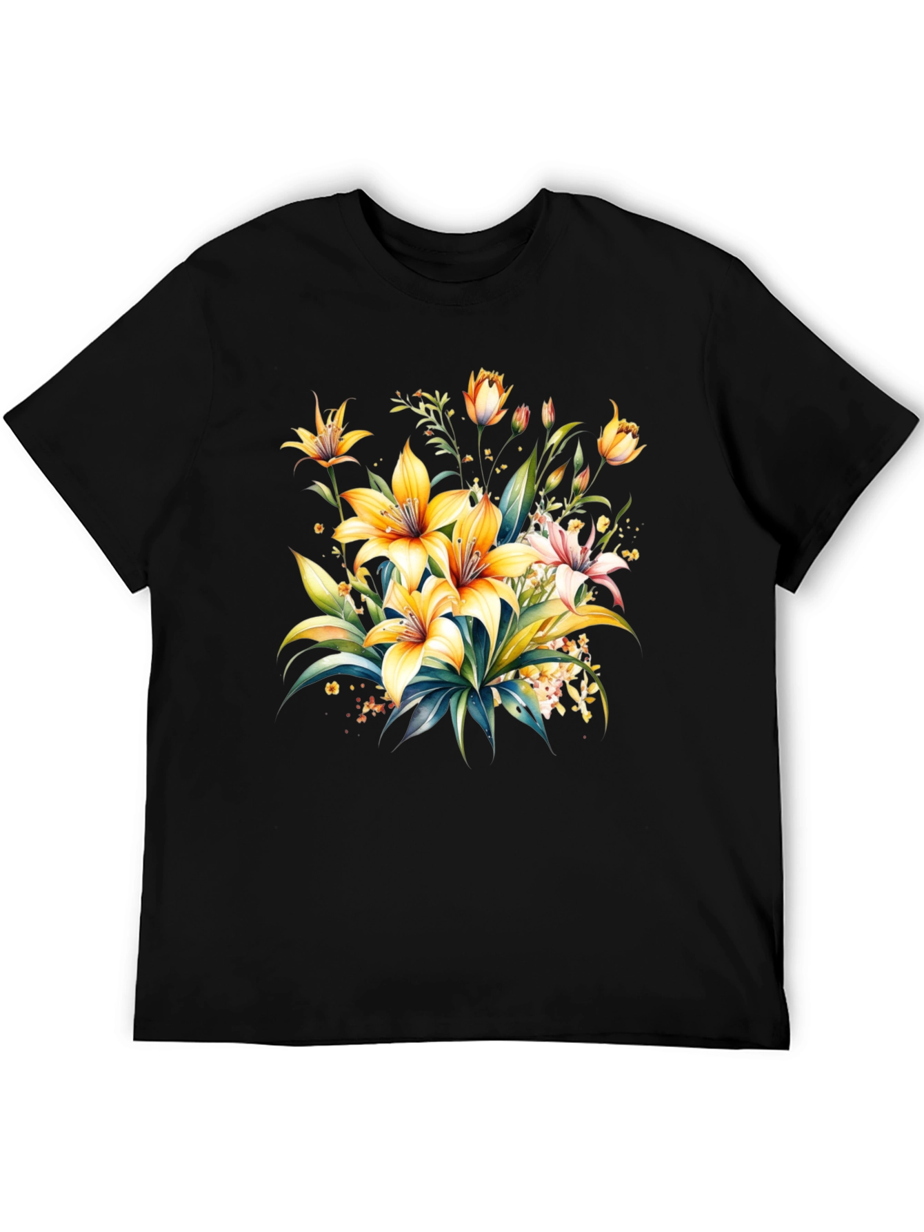 Black Floral Lily Graphic Tee - Black Cotton T-Shirt view 5