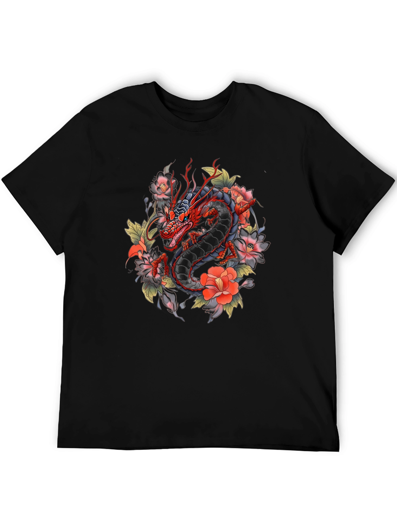 Black Dragon and Floral Graphic Tee - Black Cotton Blend view 5