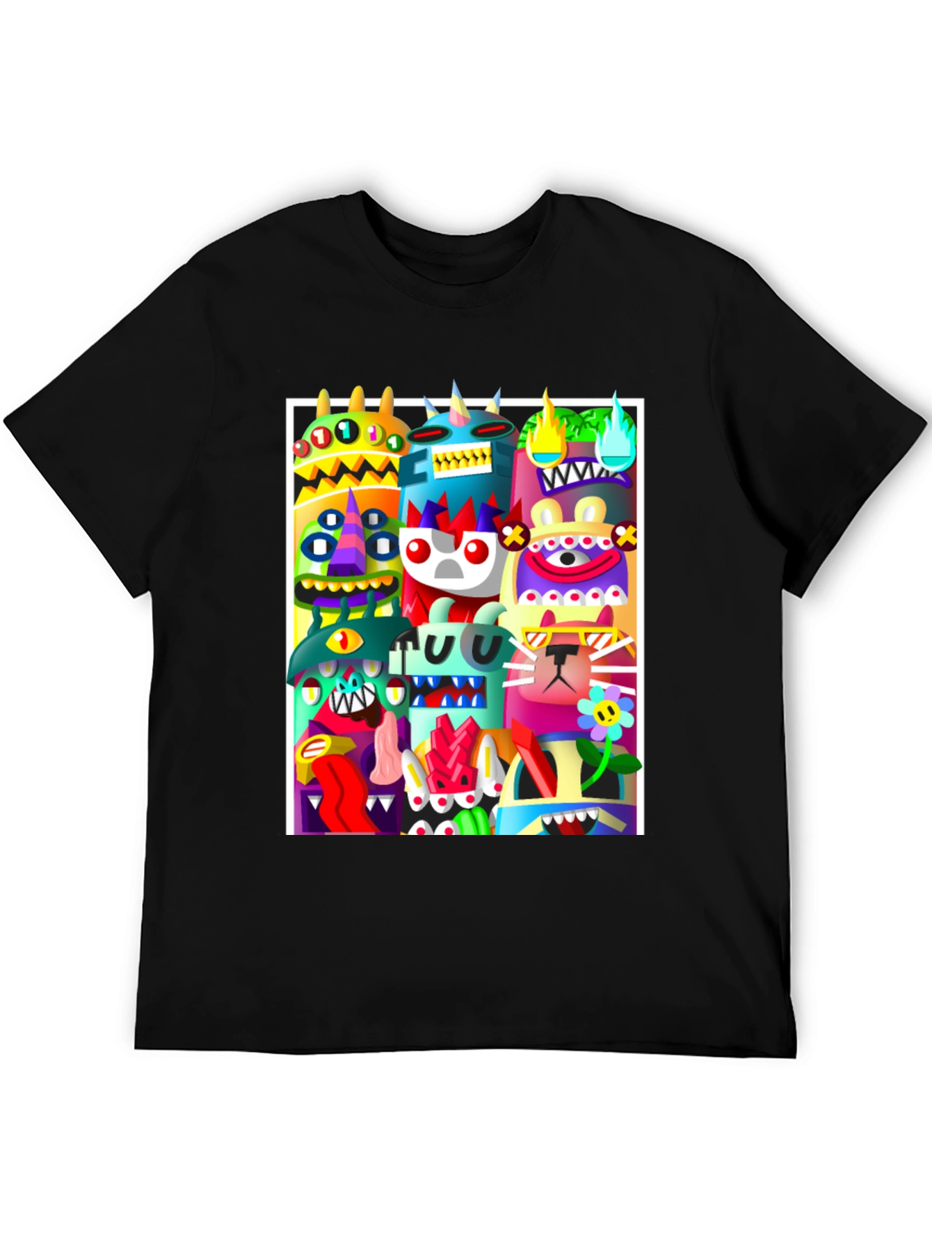 Black Colorful Cartoon Monster Graphic Print Black T-Shirt view 5