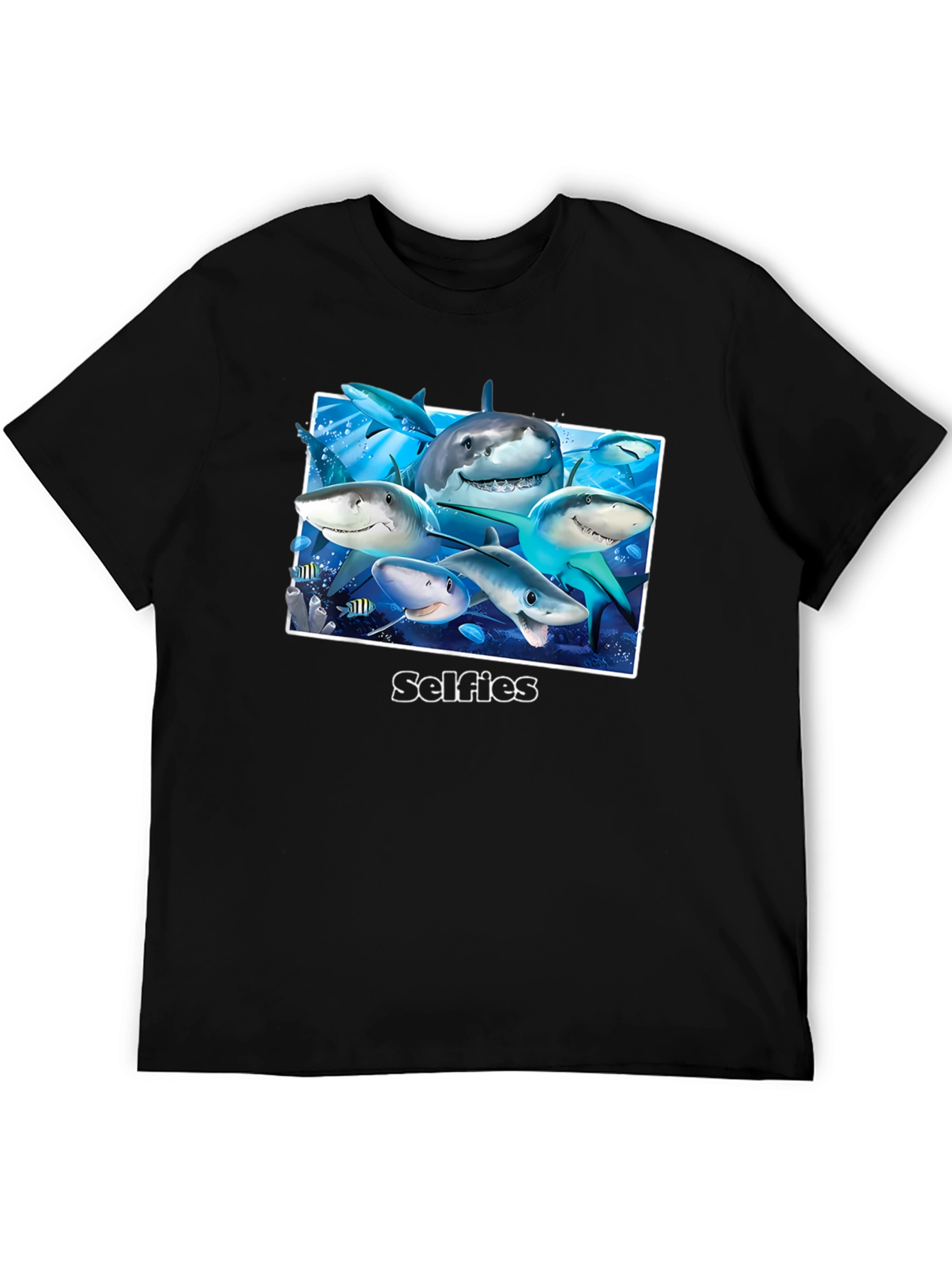 Black Shark Selfies Graphic T-Shirt - Unique Ocean Humor Tee view 5
