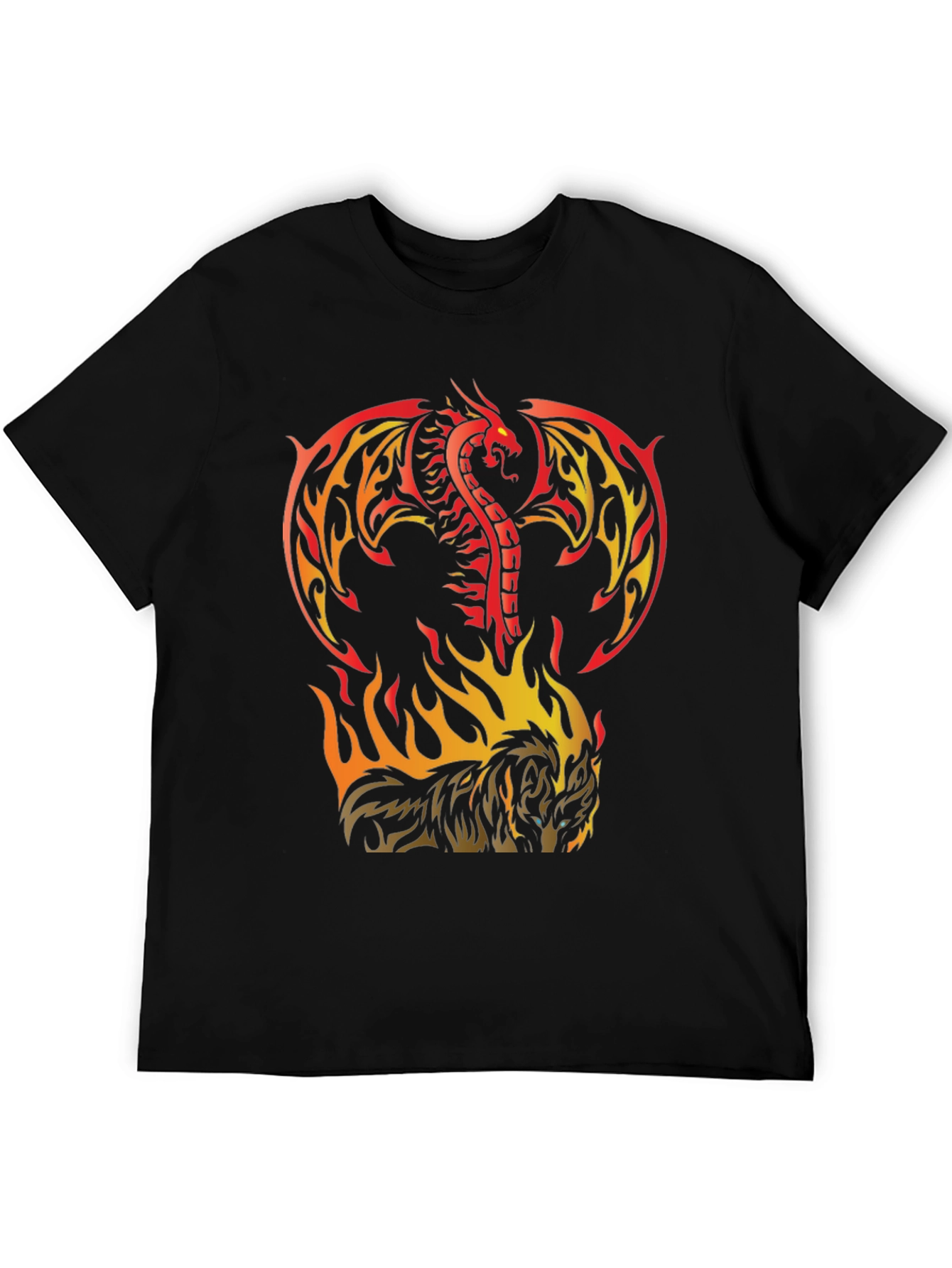 Black Fiery Dragon & Wolf Graphic Black T-Shirt view 5