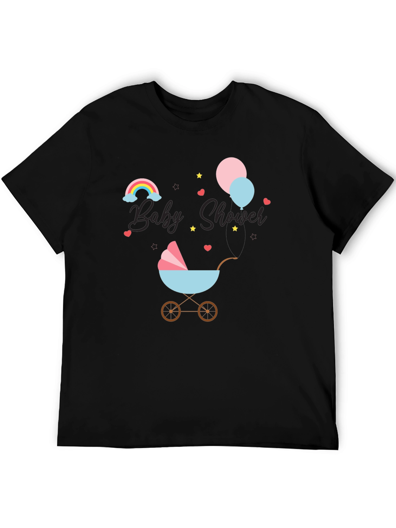Black Baby Shower T-Shirt with Rainbow & Stroller Design view 5