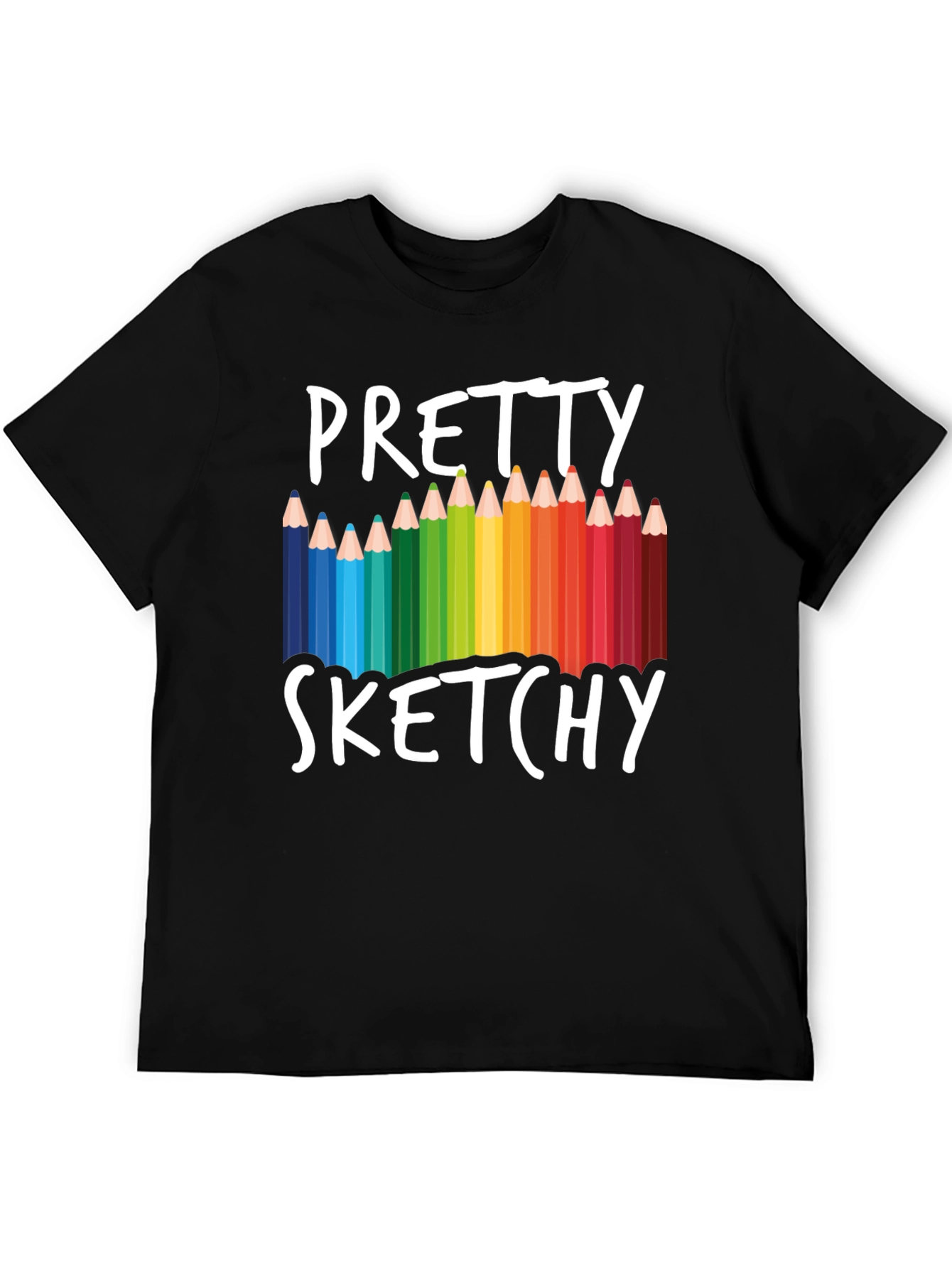Black Pretty Sketchy T-Shirt, Colorful Pencil Design Tee view 5