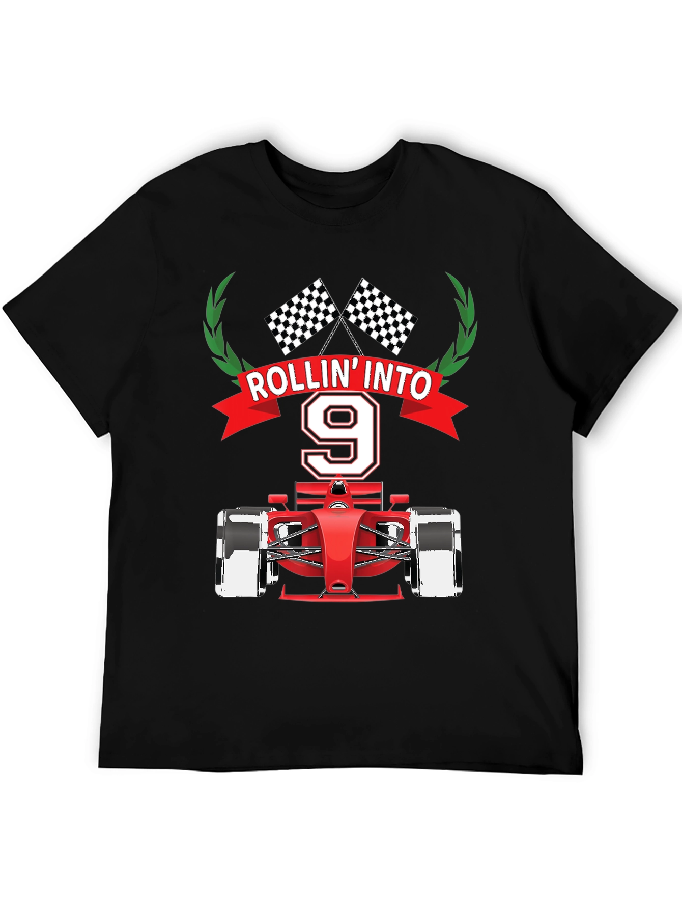Black Rollin' Into 9 T-Shirt, Race Car Birthday Tee view 5