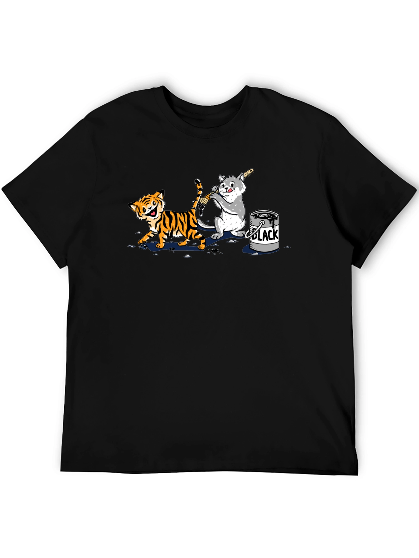 Black Funny Cartoon Cat and Tiger Black T-Shirt view 5