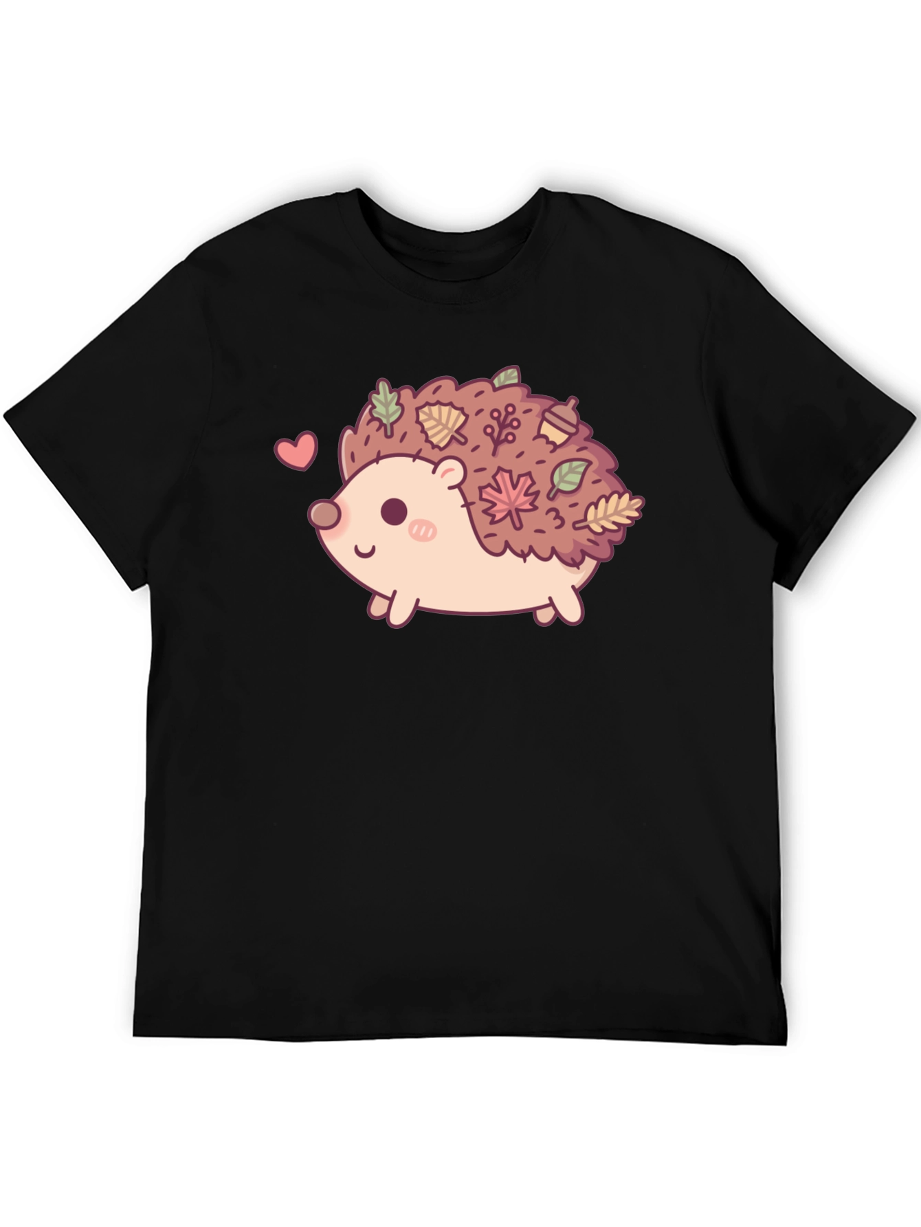 Black Cute Hedgehog Leaves Graphic Tee - Black view 5