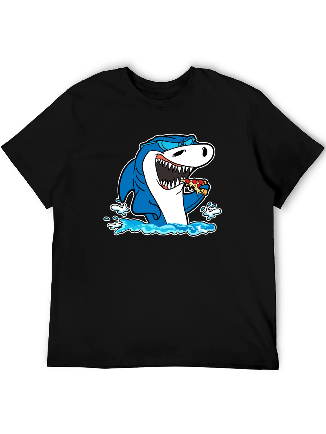 Black Shark Eating Pizza T-Shirt - Black Cotton Graphic Tee view 5