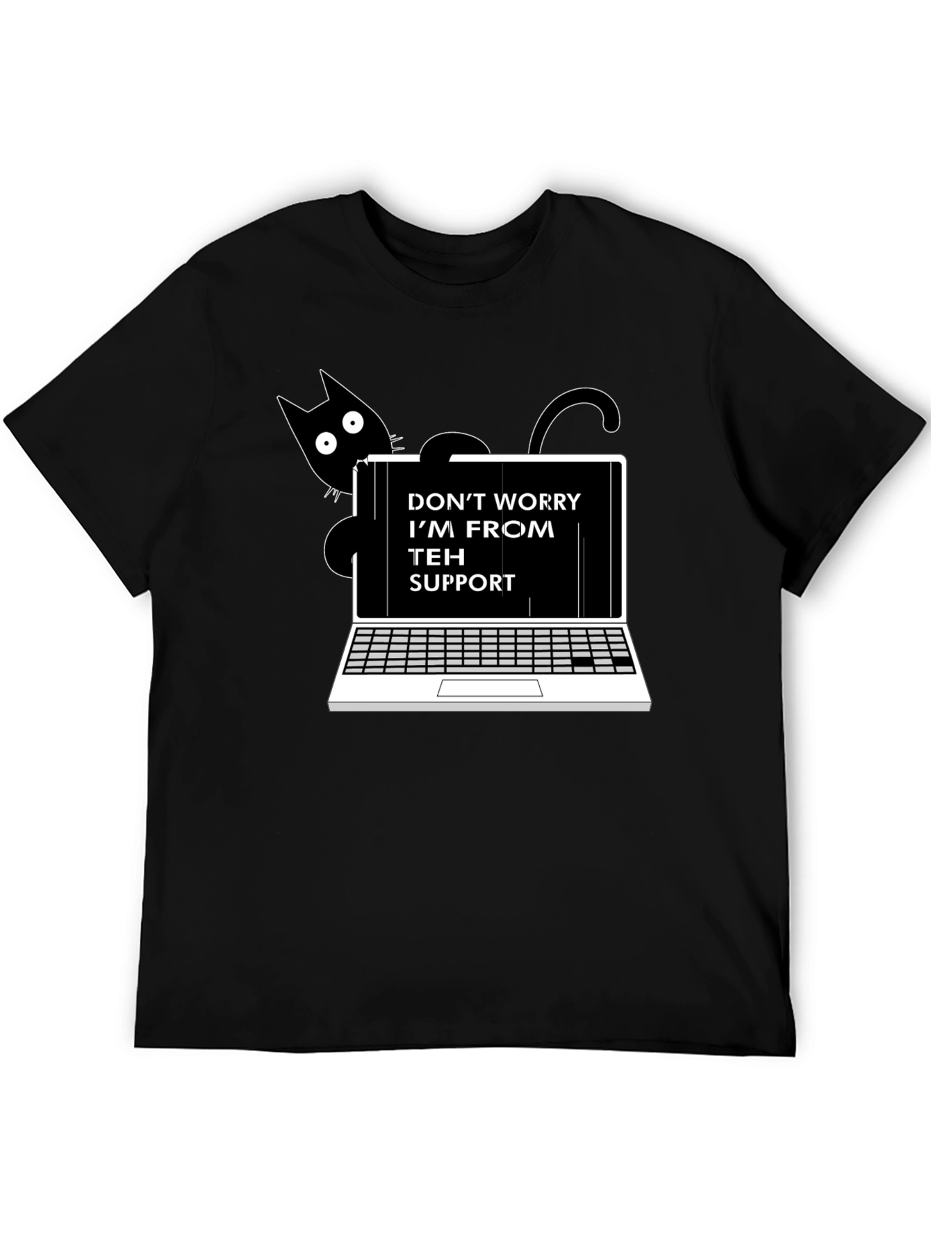 Black Funny "Teh Support" Cat Laptop Graphic Tee view 5