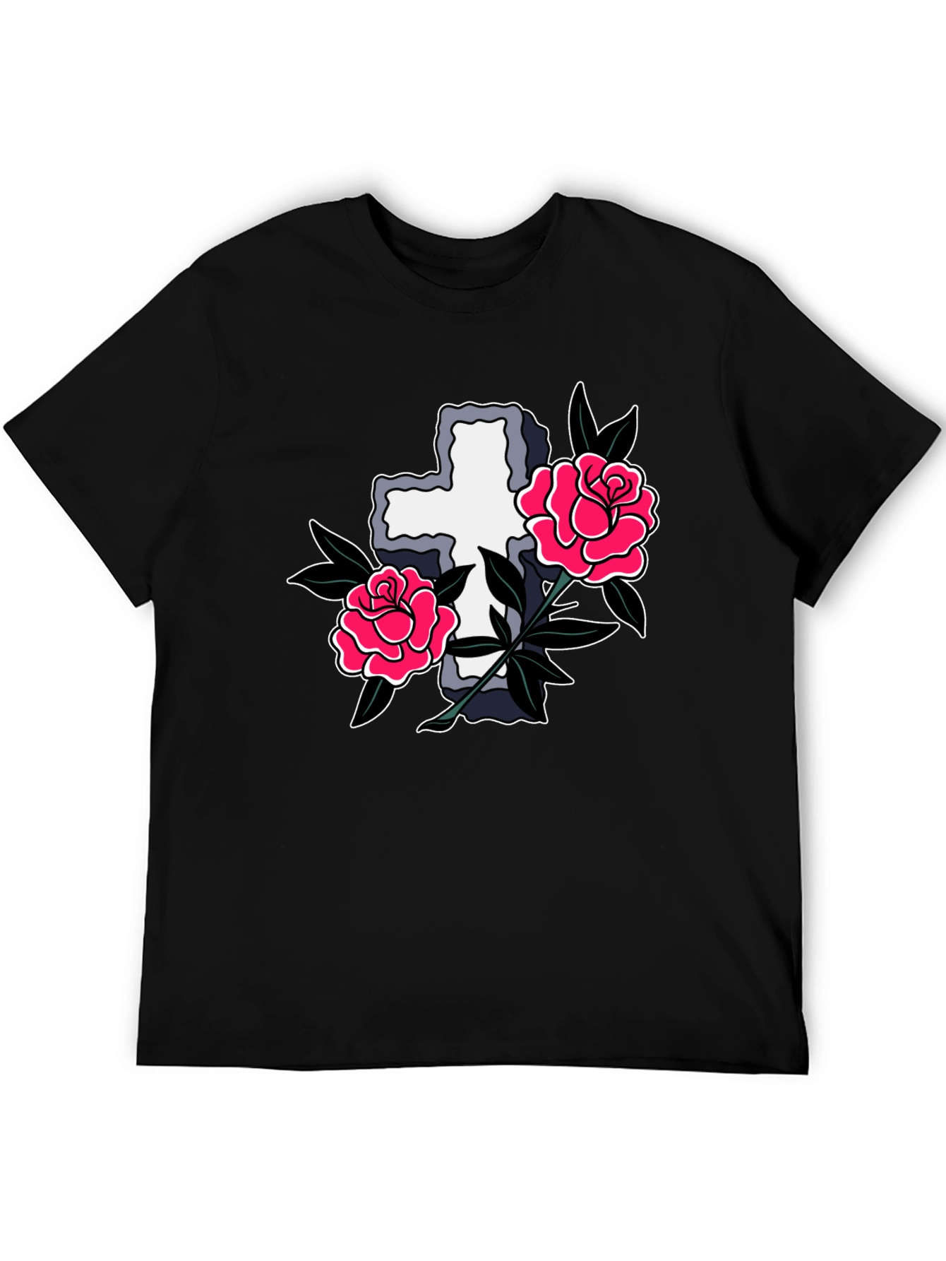 Black Cross & Roses Graphic T-Shirt - Classic Tattoo Style view 5