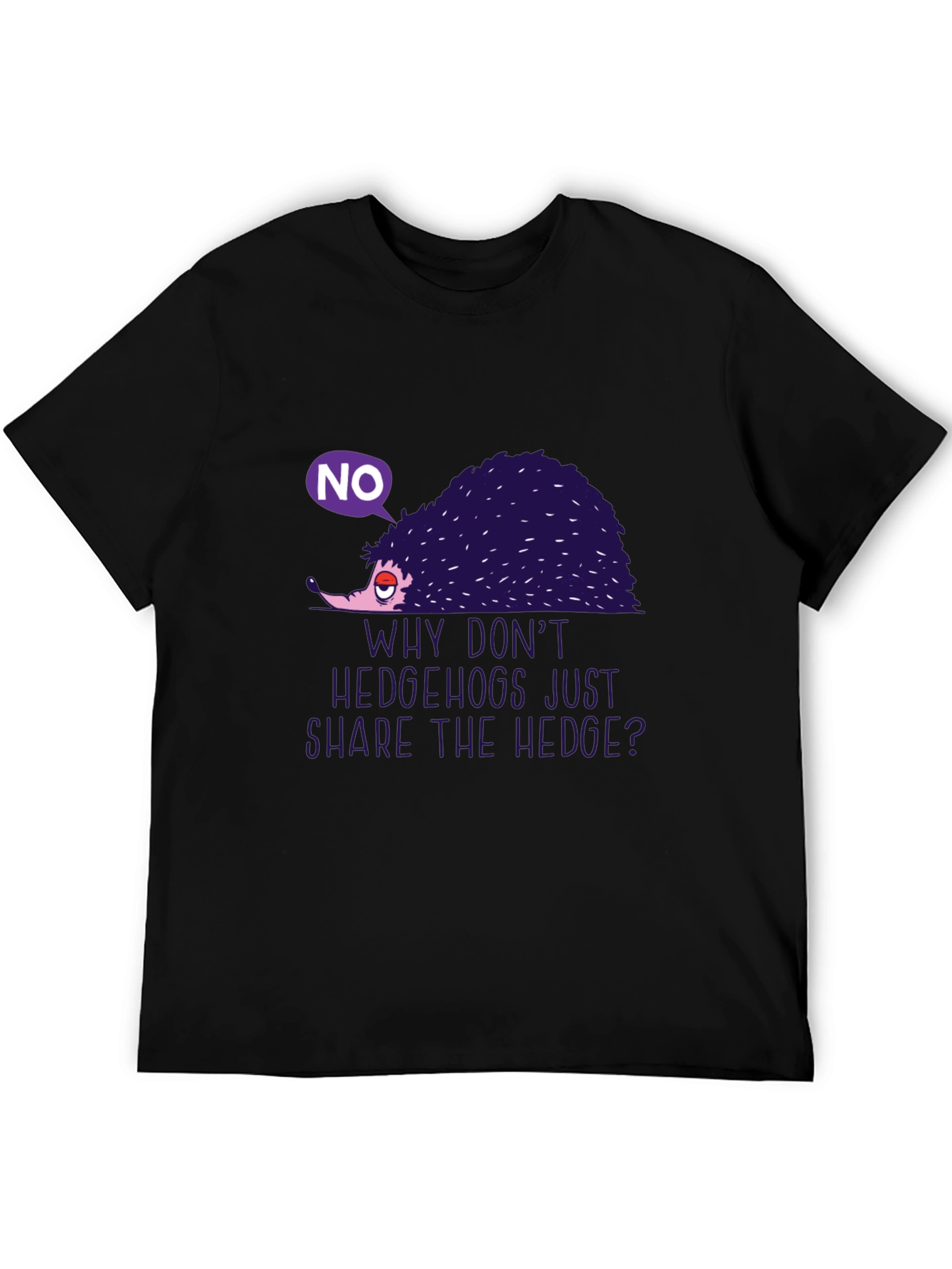 Black Humorous Hedgehog Graphic Tee - "Why Don't Hedgehogs Just Share The Hedge?" view 5