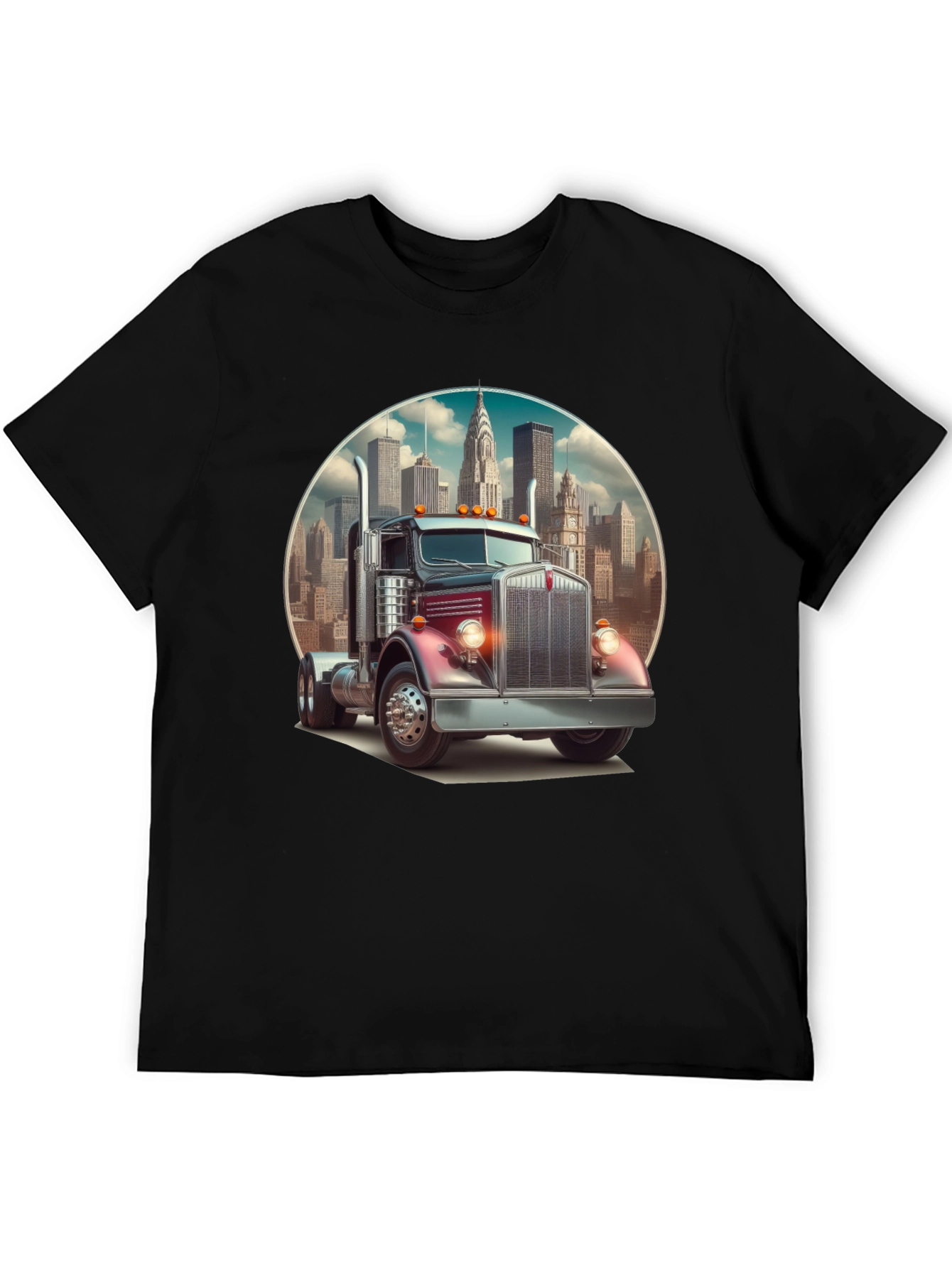 Black Trucker Tee: Vintage Big Rig & Cityscape view 5