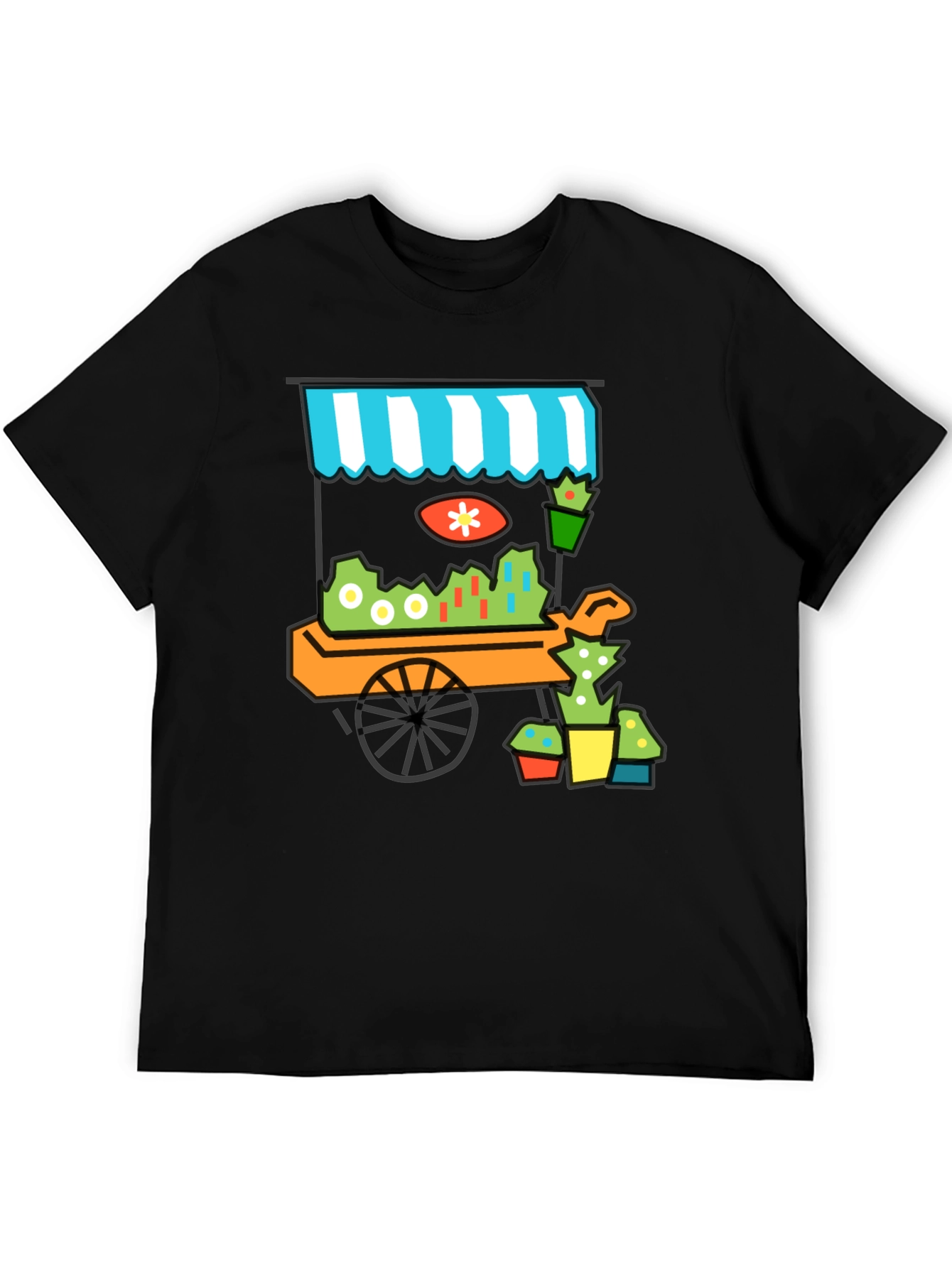 Black Whimsical Market Cart T-Shirt - Black Cotton Tee view 5