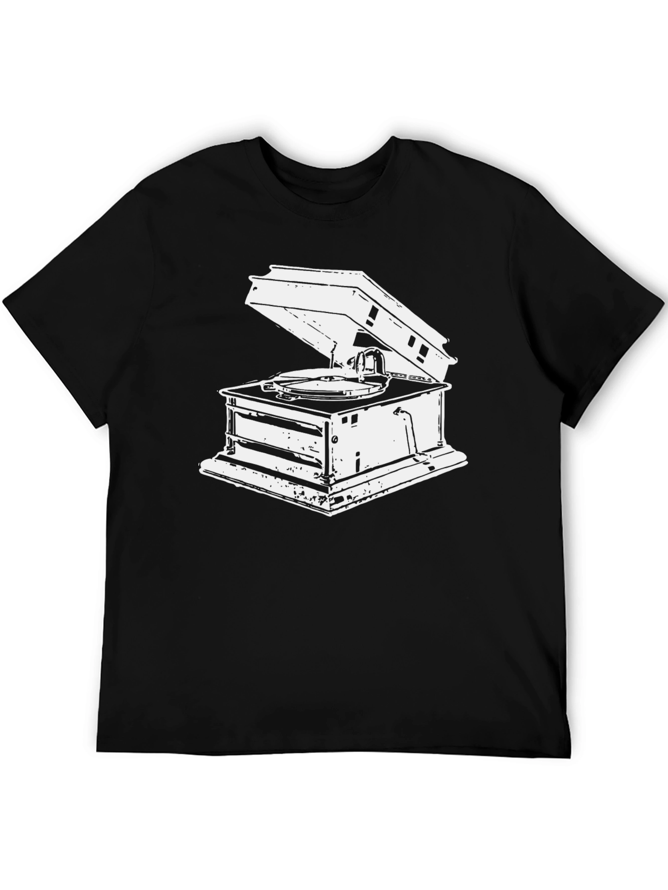 Black Vintage Gramophone Graphic Tee - Black Cotton T-Shirt view 5