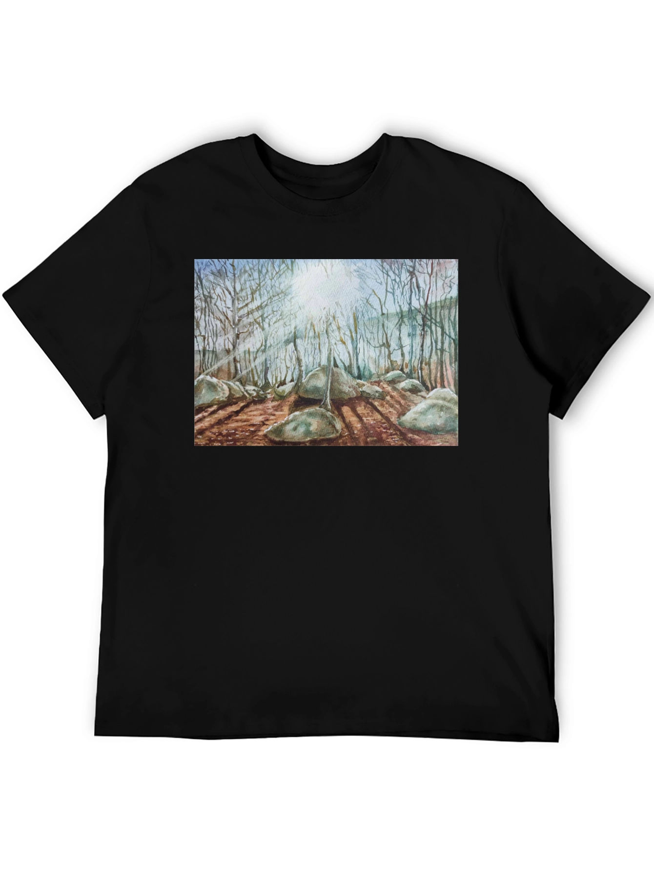 Black Watercolor Forest Print Black T-Shirt view 5