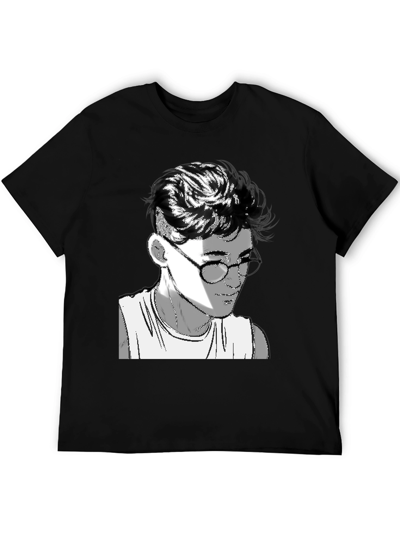 Black Men's Black Graphic Tee - Retro Anime Design view 5
