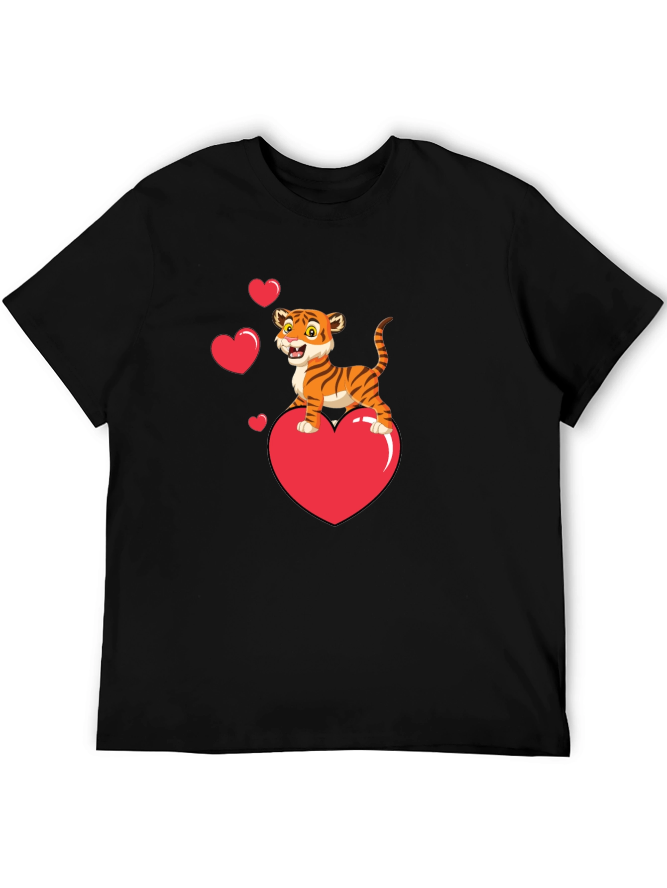 Black Cute Tiger on Heart Valentine's Black T-Shirt view 5