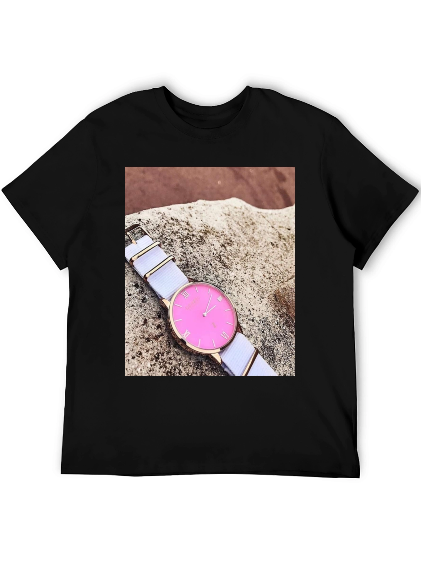 Black Stylish Pink Watch Tee - Modern Timepiece Design view 5
