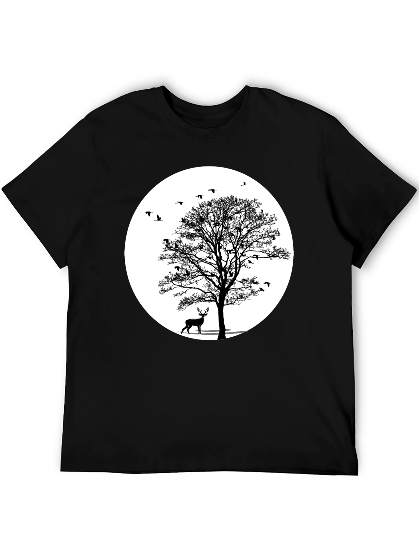 Black Nature Scene Graphic Tee - Deer and Birds view 5