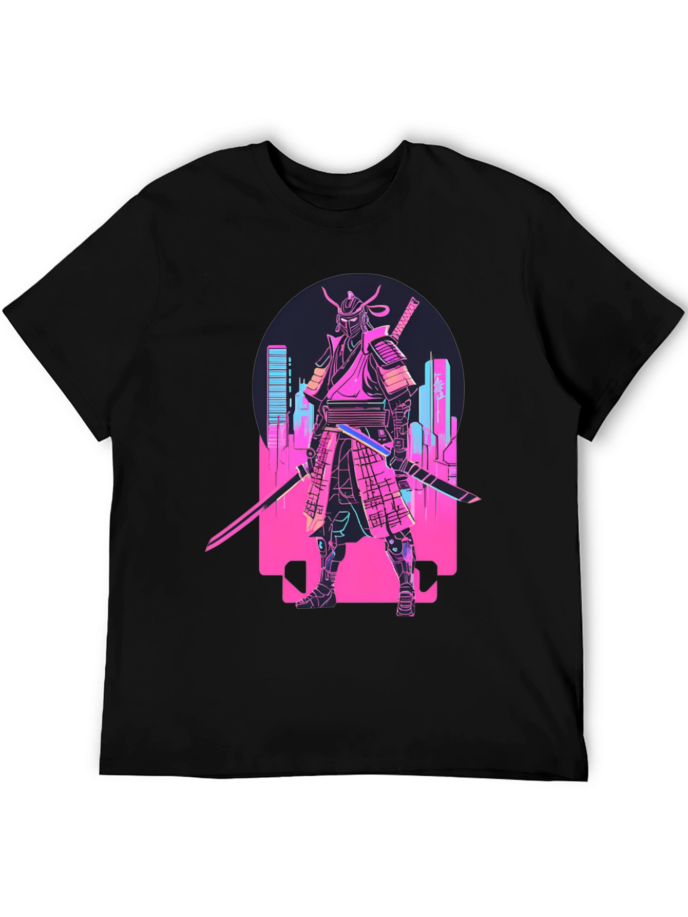 Black Cyberpunk Samurai T-Shirt - Neon City Warrior view 5