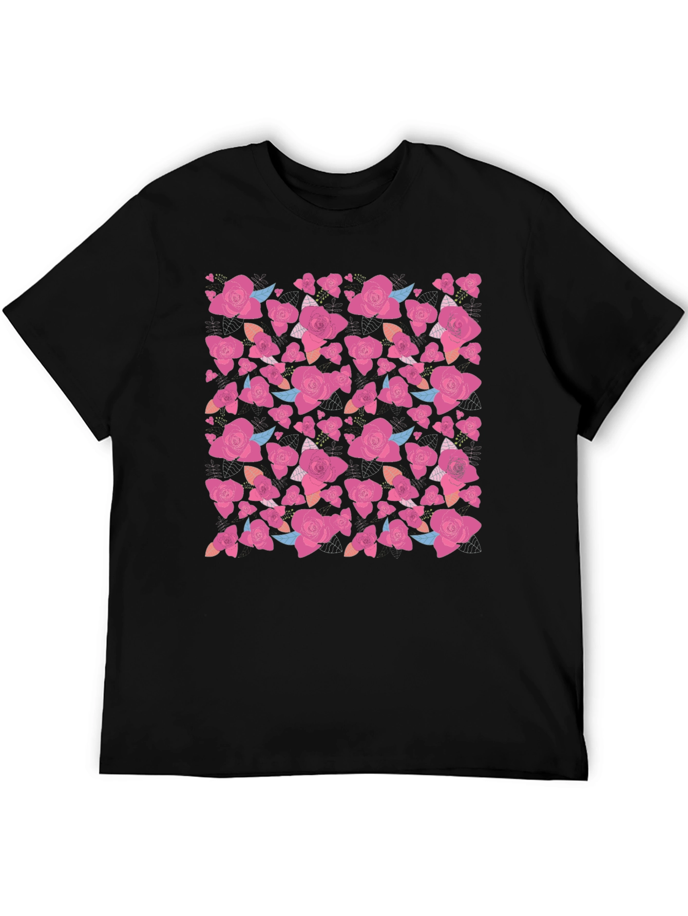 Black Floral Rose Print Black T-Shirt view 5