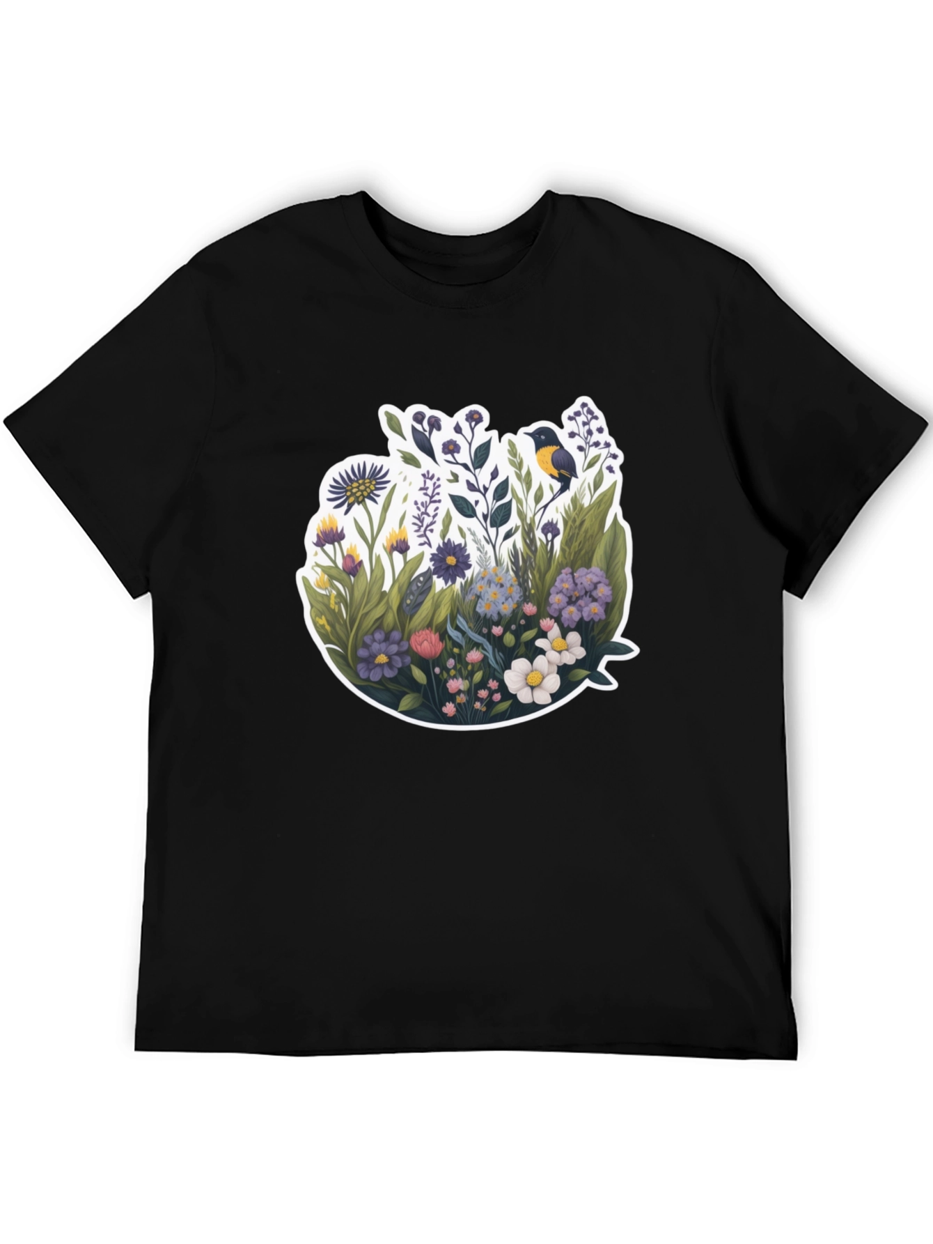 Black Floral Bird Graphic Black T-Shirt view 5