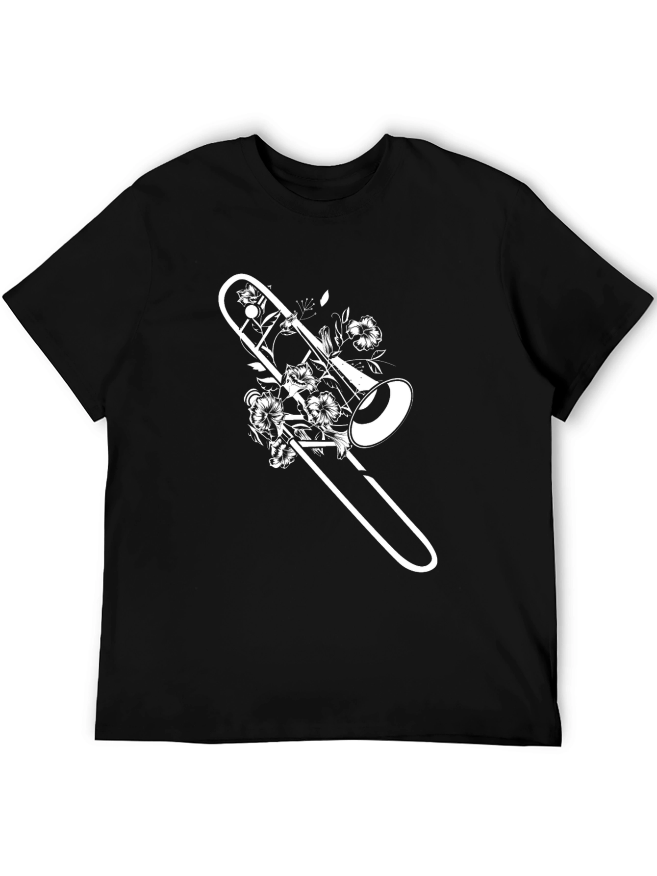 Black Floral Trombone Graphic Tee - Black Casual Shirt view 5