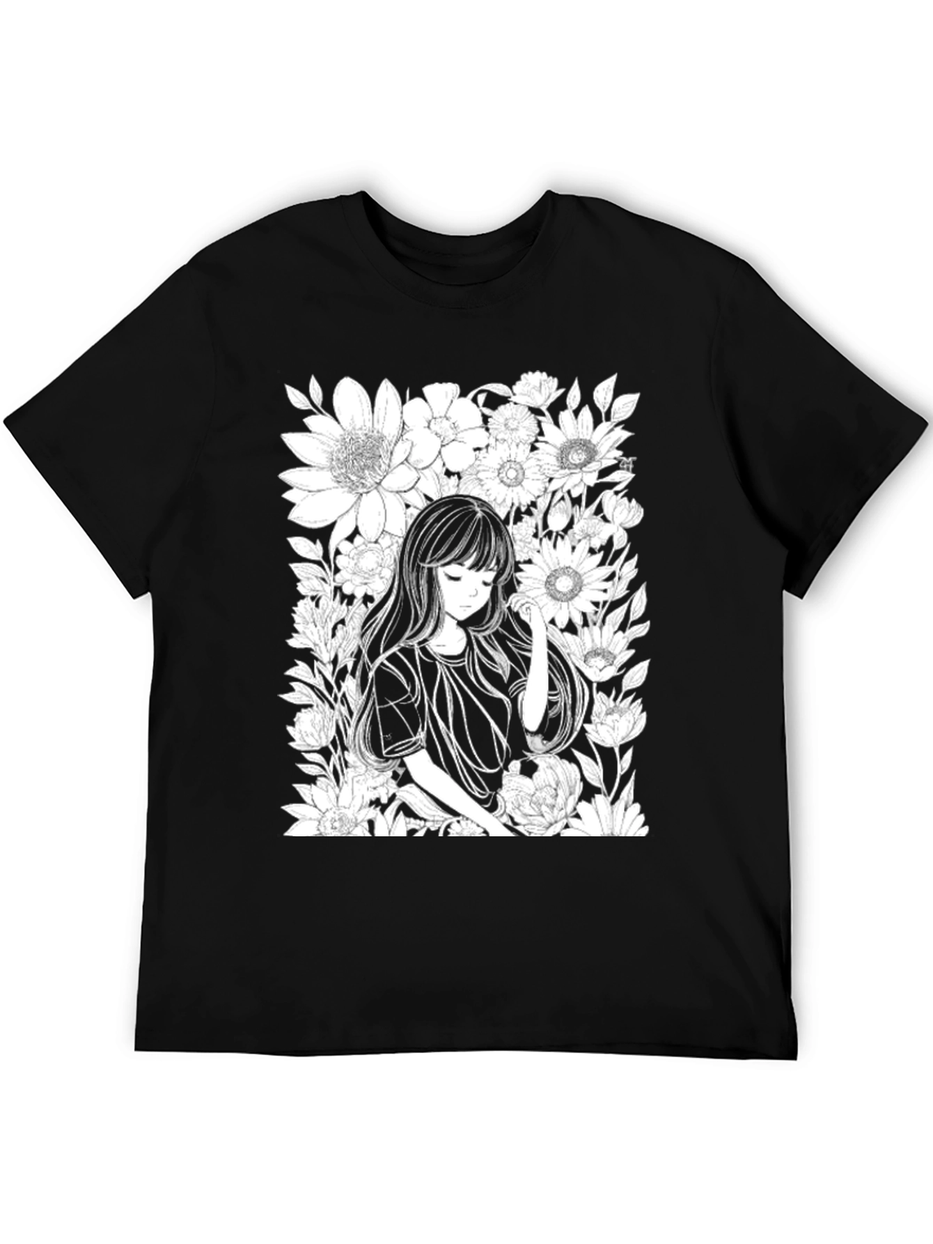 Black Anime Girl Floral T-Shirt - Black Cotton Tee view 5