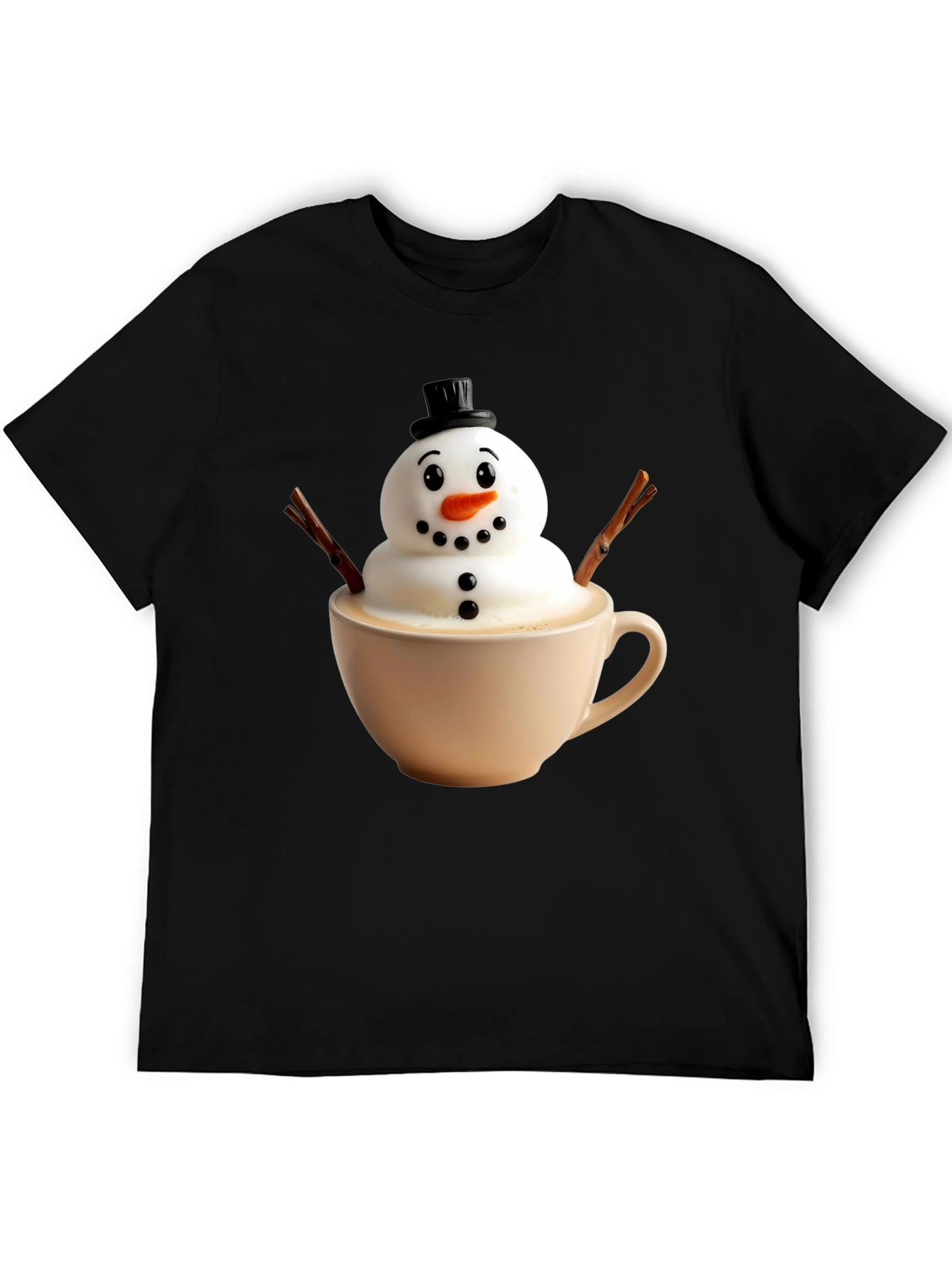 Black Whimsical Snowman Latte Art T-Shirt view 5
