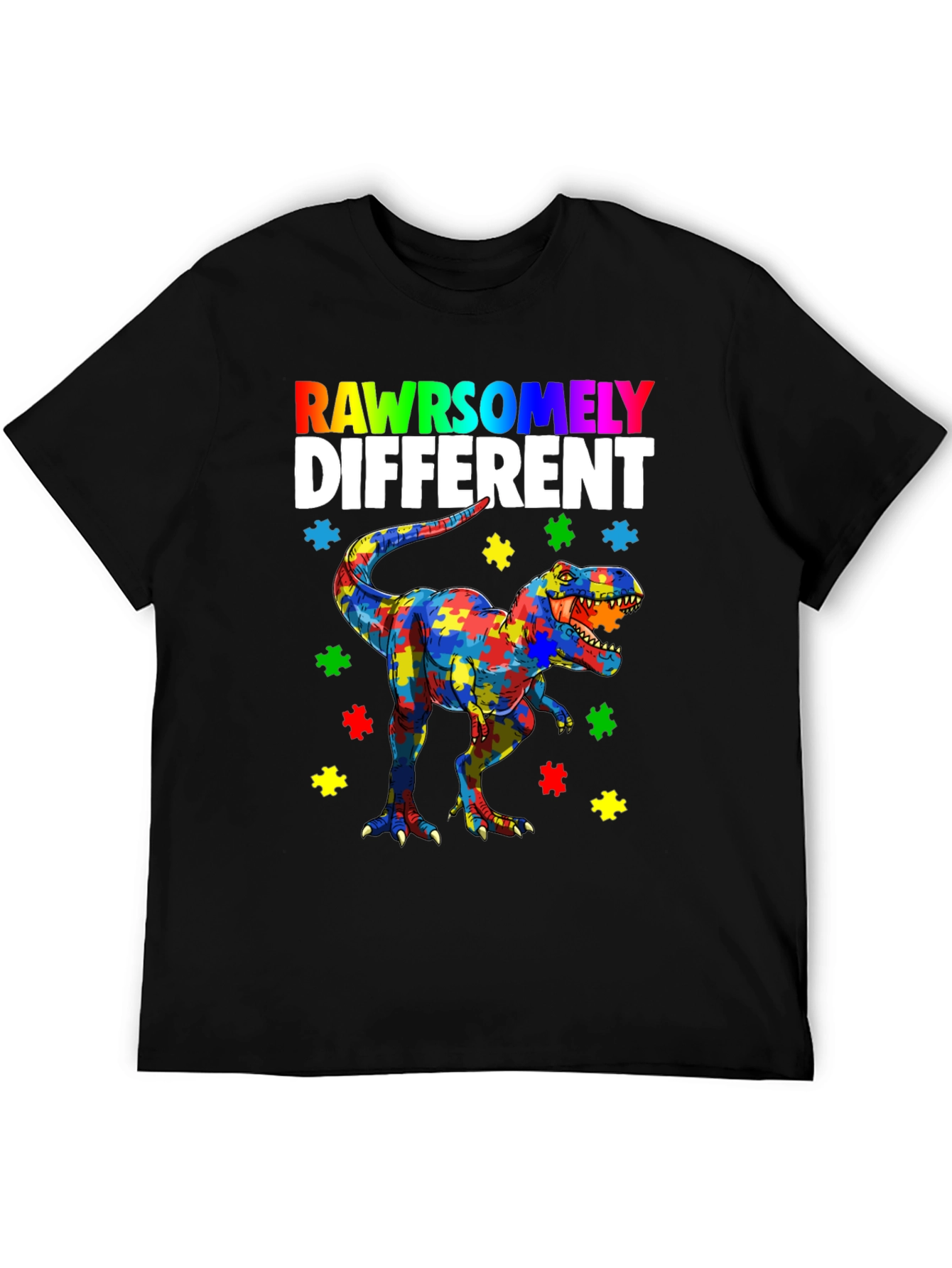 Black RAWRSOMELY DIFFERENT Autism Dinosaur T-Shirt view 5