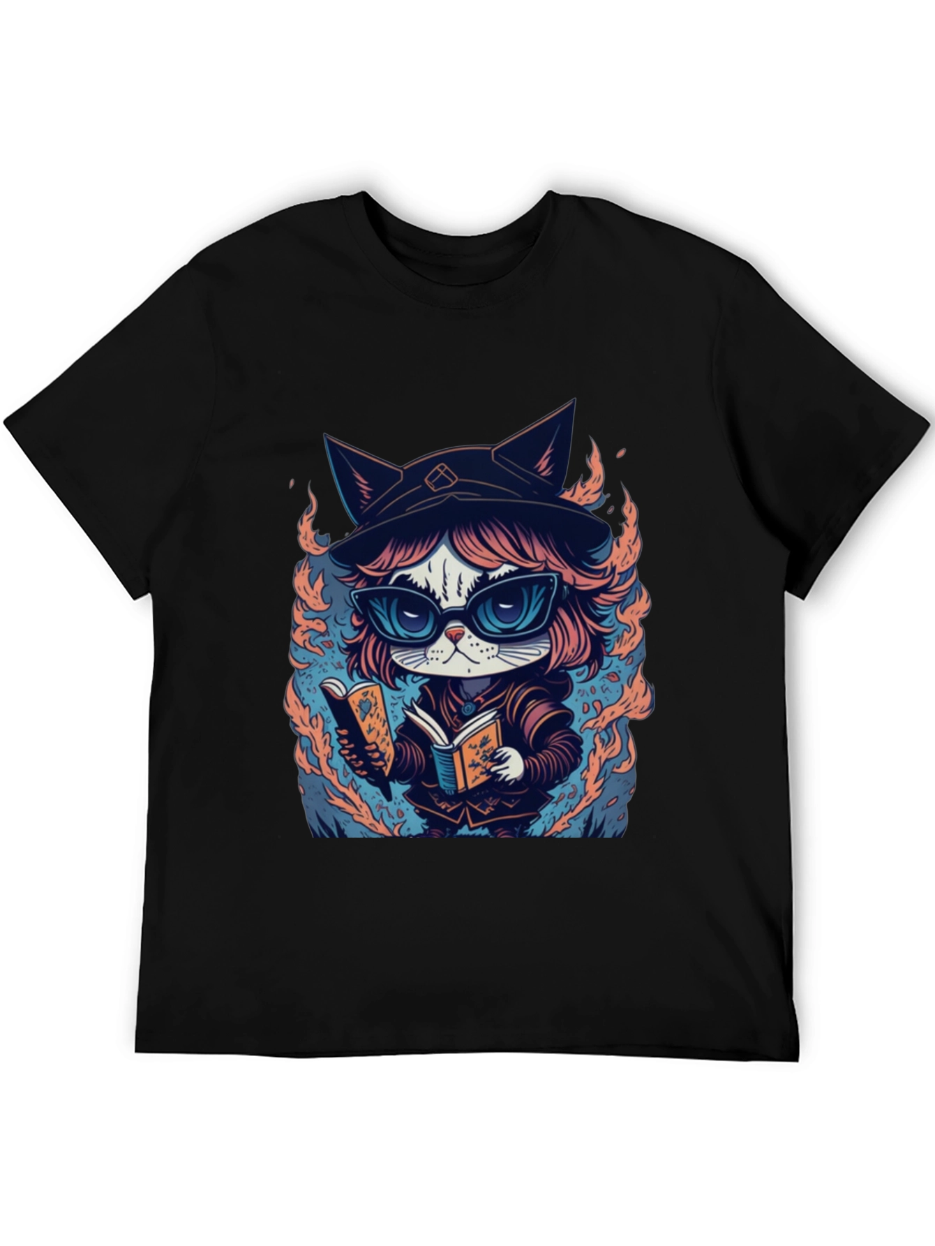 Black Wizard Cat T-Shirt - Bookish Feline Design view 5