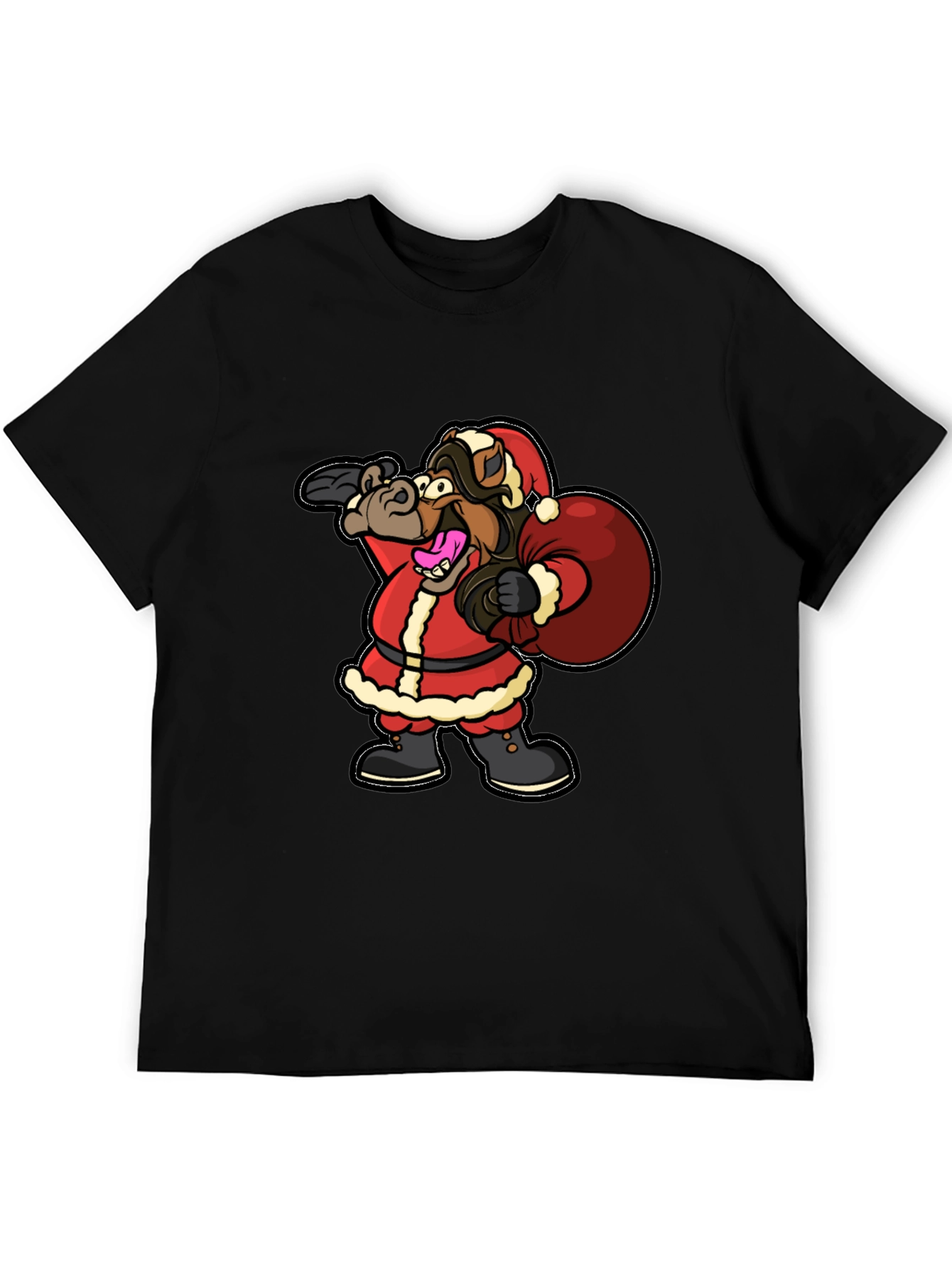 Black Funny Horse Santa Christmas Black T-Shirt view 5