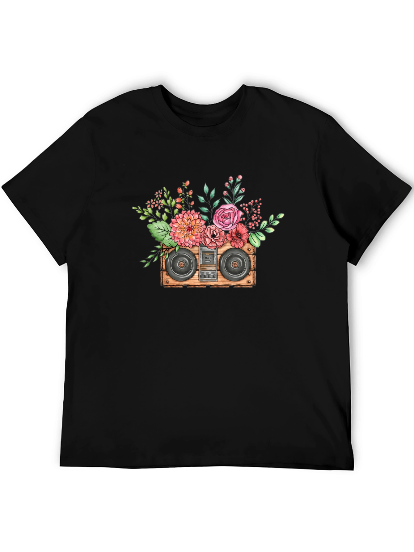 Black Floral Boombox Graphic Tee - Retro Music Style view 5