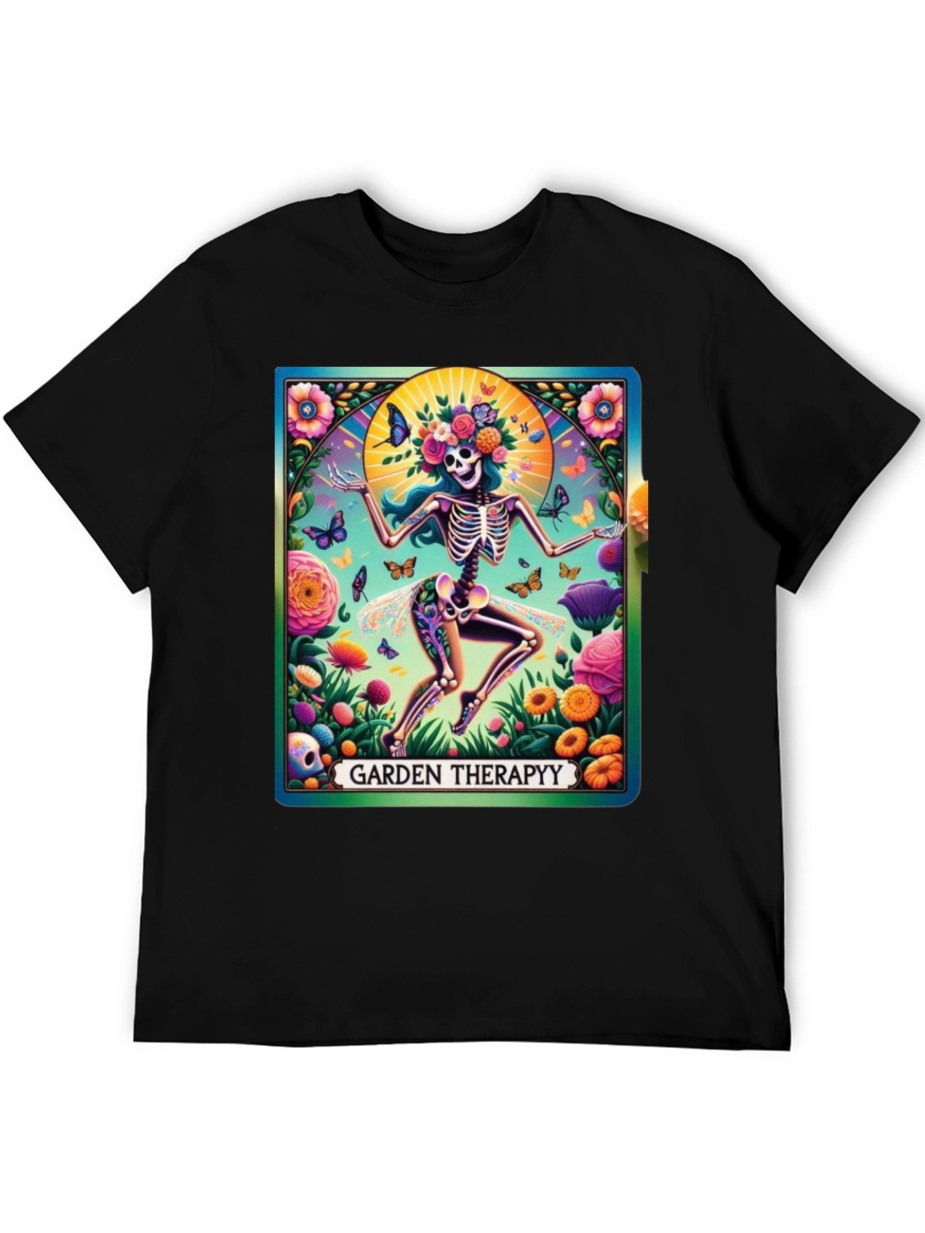 Black Garden Therapy T-Shirt: Skeleton Flower Power Tee view 5