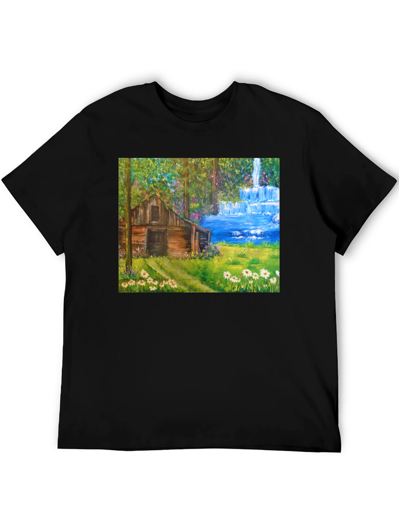 Black Cabin Waterfall Nature T-Shirt view 5