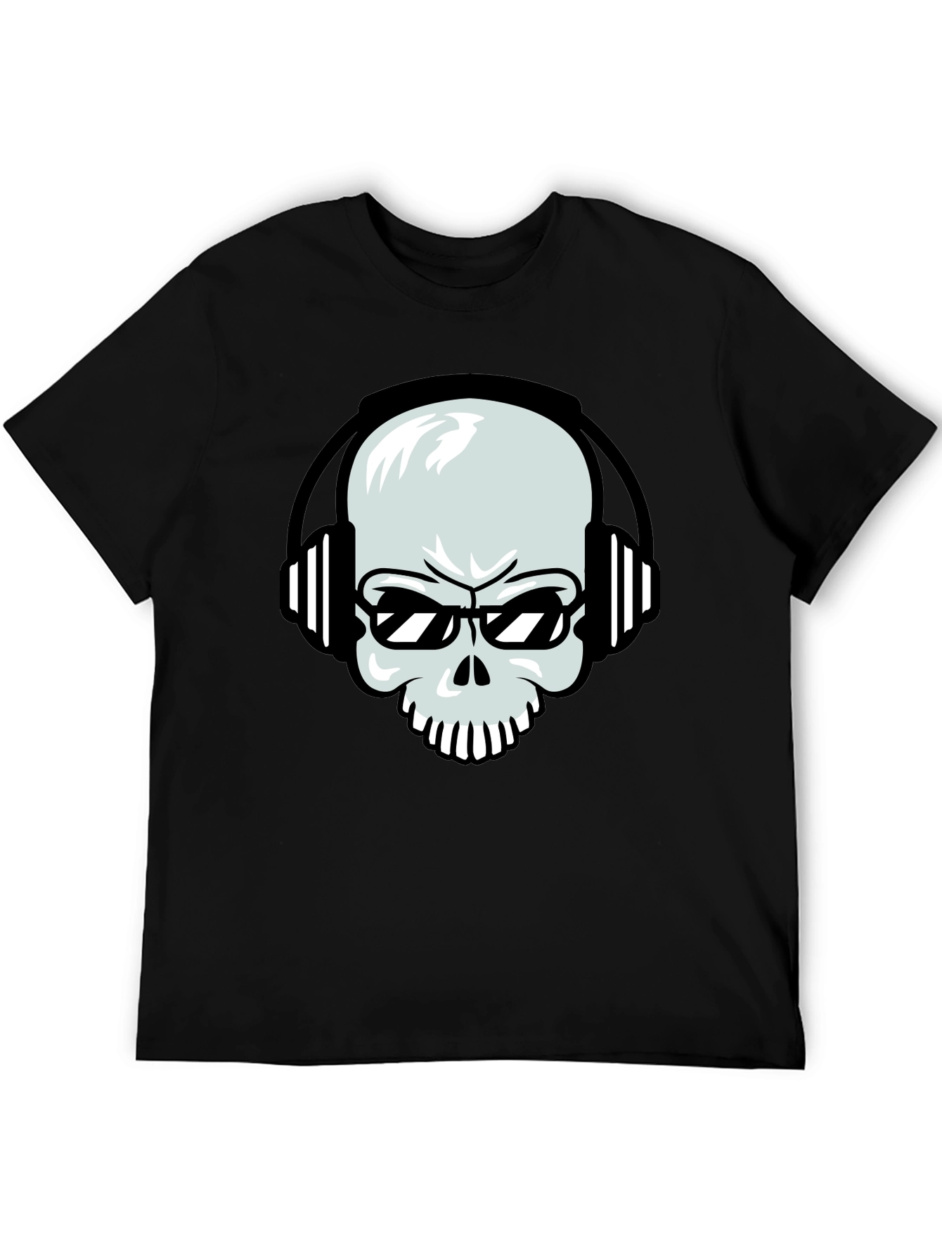 Black Skull with Headphones Graphic Tee - Black Cotton T-Shirt view 5
