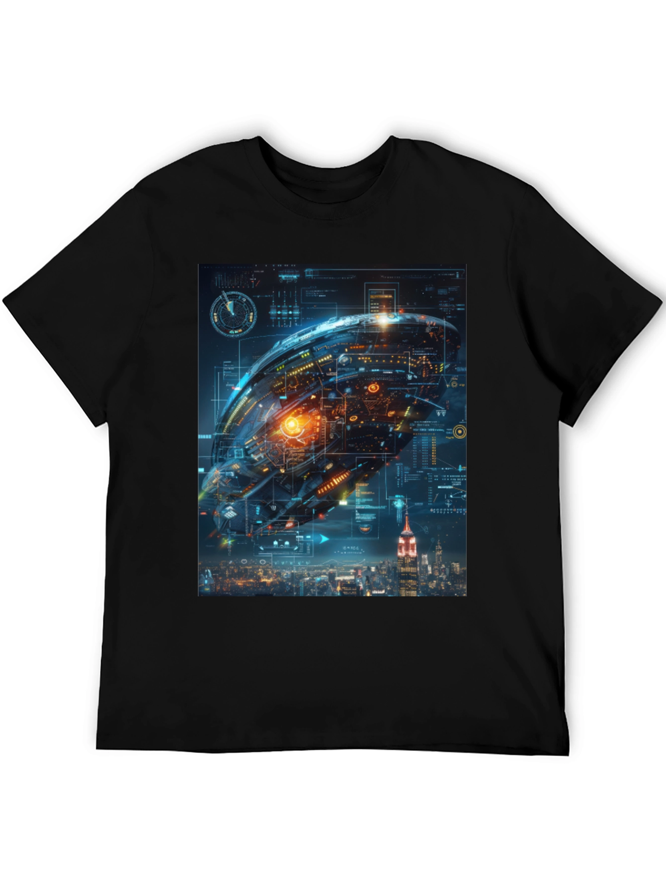 Black Sci-Fi Spaceship Over New York T-Shirt view 5