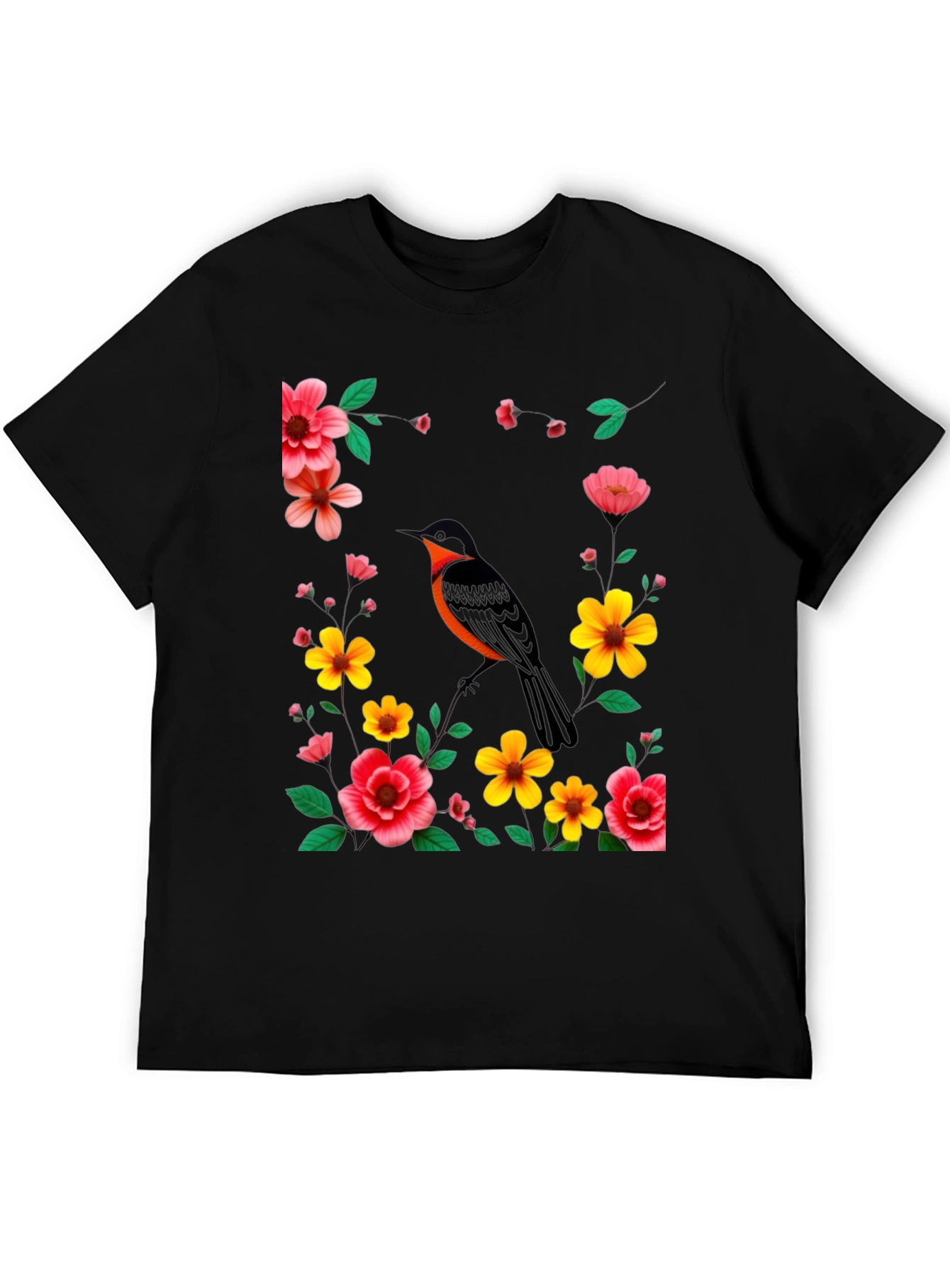 Black Floral Bird Graphic Tee - Stylish Men's Black T-Shirt view 5