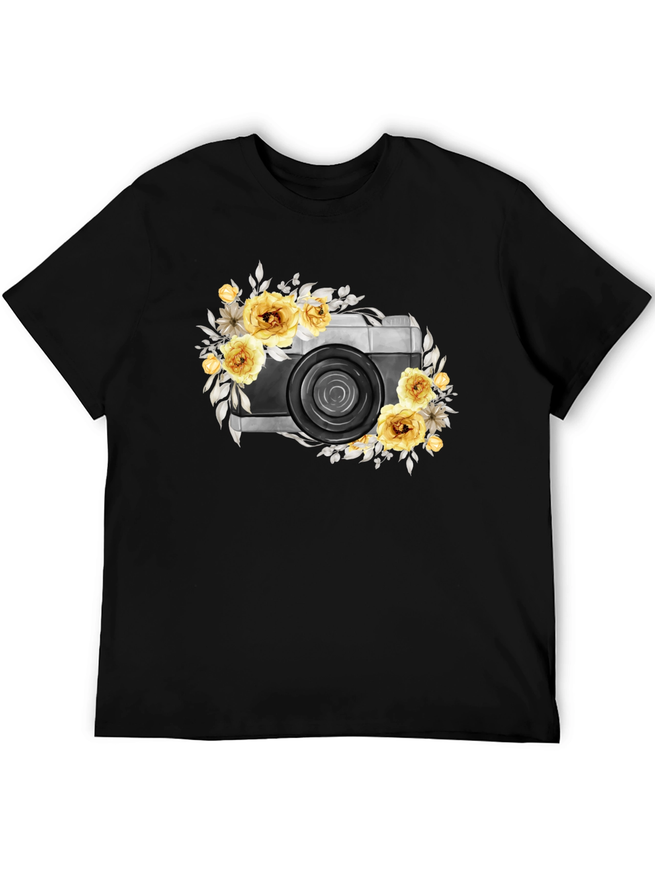 Black Floral Camera Graphic T-Shirt - Black Cotton Tee view 5