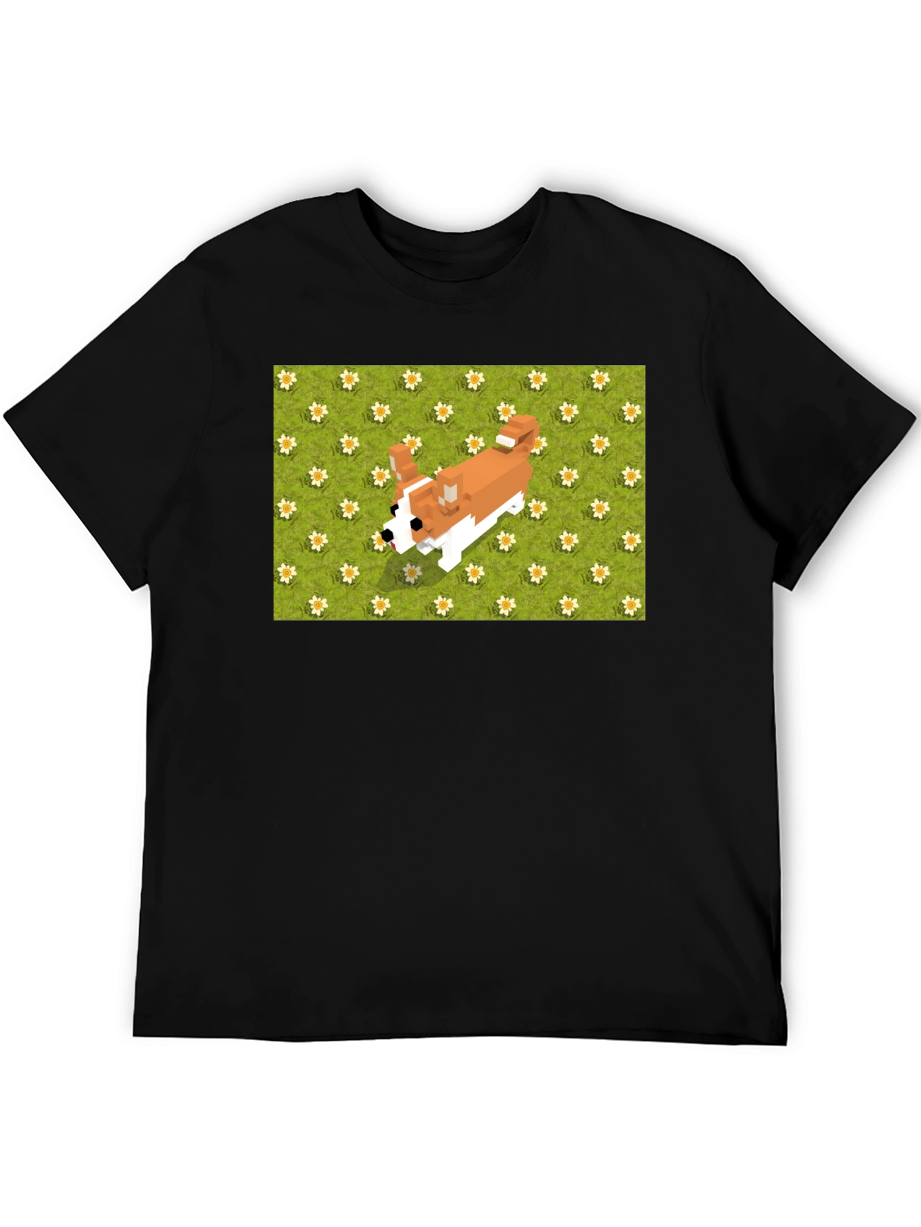 Black Pixel Dog T-Shirt - Corgi on Flowers view 5