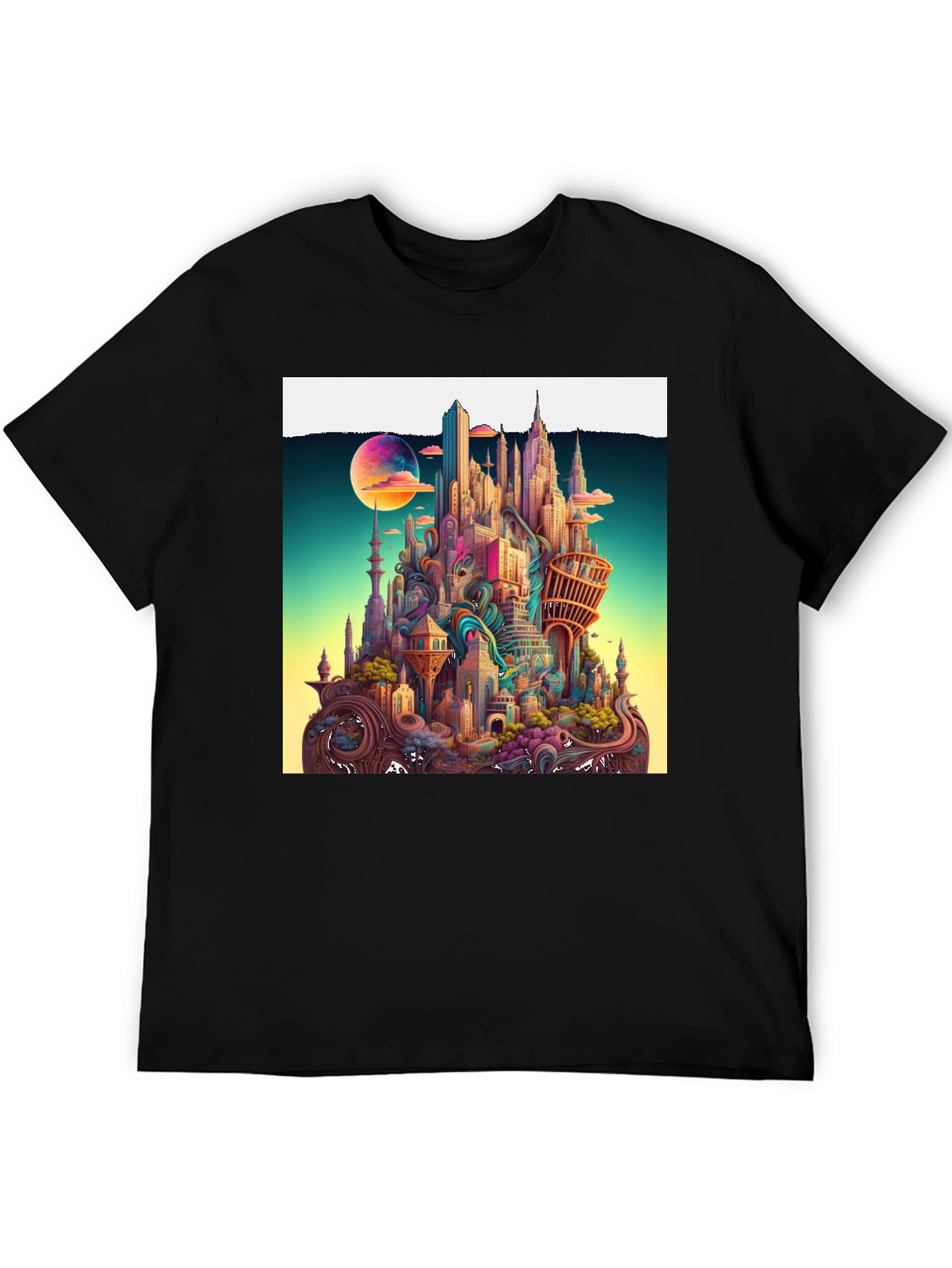 Black Whimsical Cityscape Graphic Tee - Unique Urban Fantasy Design view 5