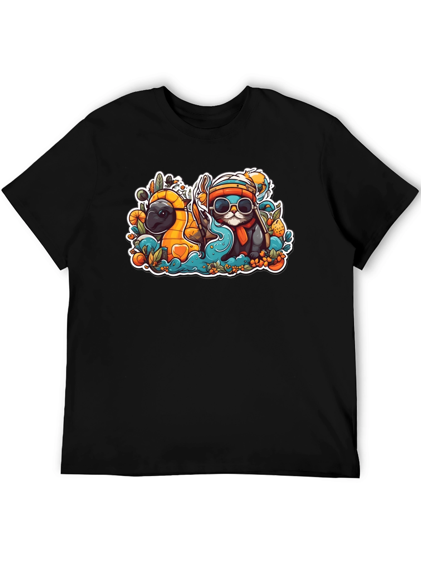 Black Cool Cartoon Otter and Platypus Black T-Shirt view 5
