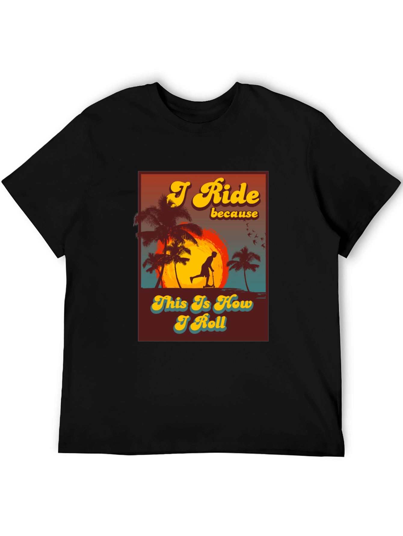 Black I Ride Scooter Tee - Retro Sunset Design view 5