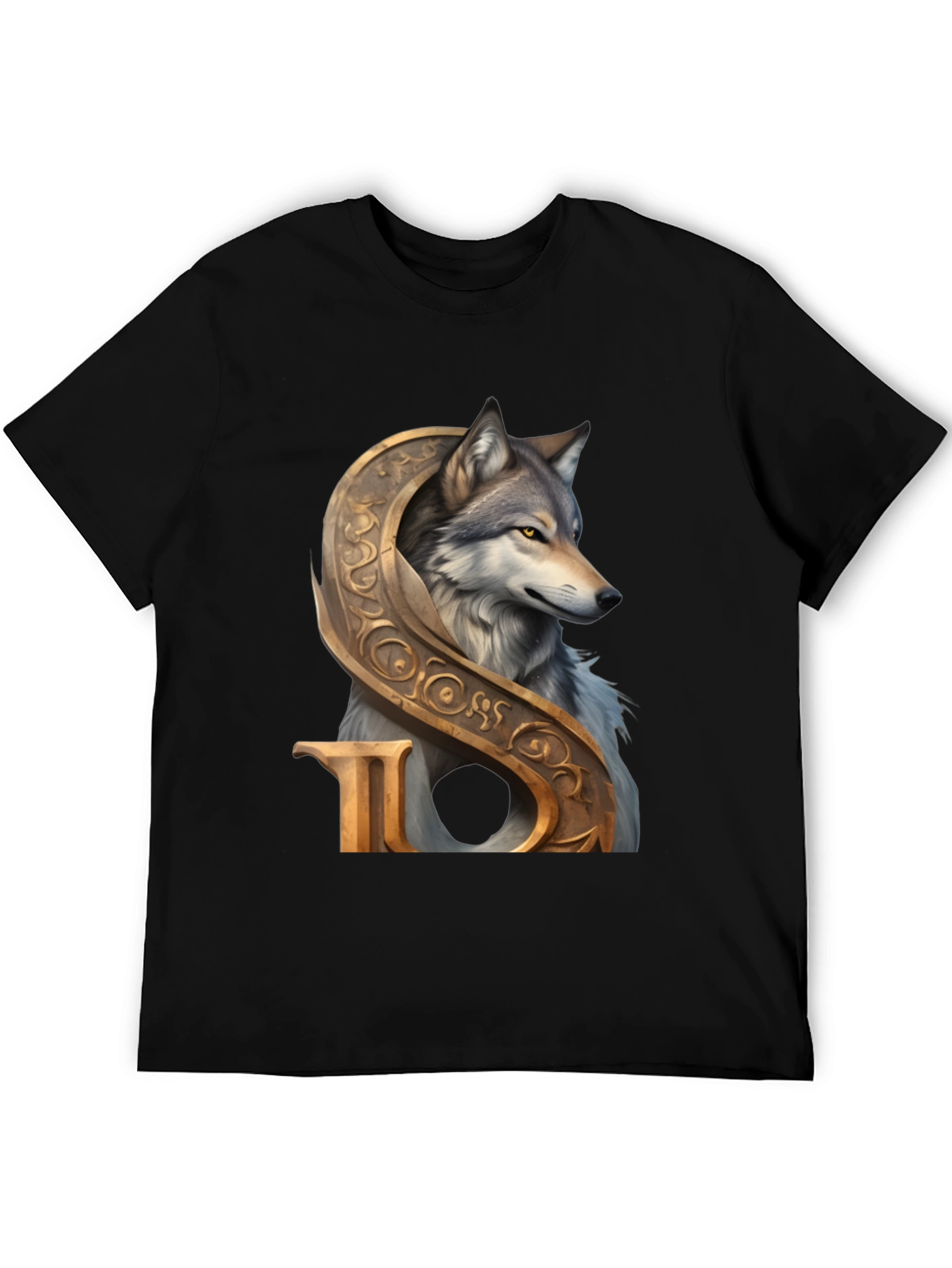 Black Wolf and Ornamental Letter T-Shirt view 5