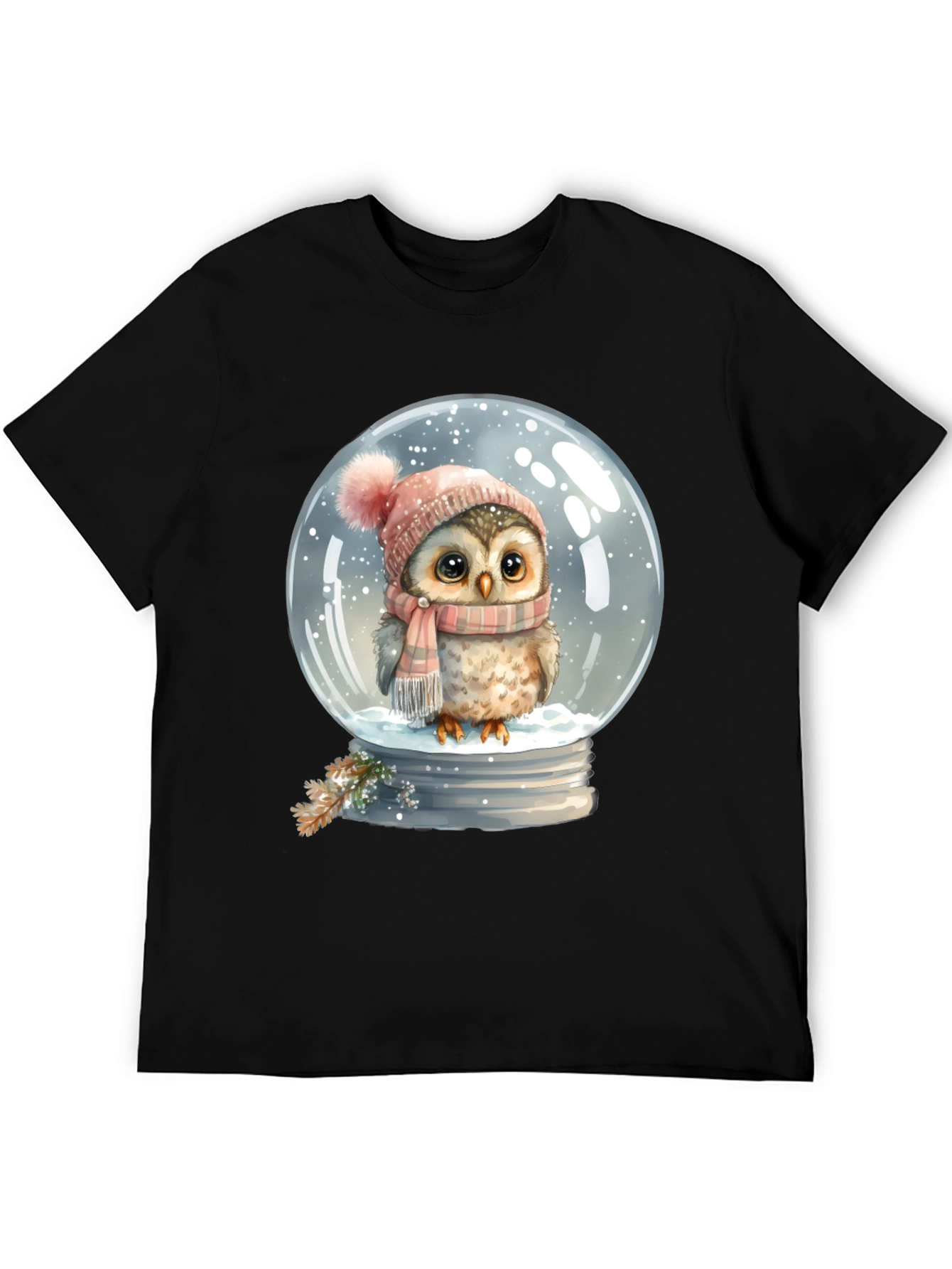 Winter Owl in Snow Globe Black T-Shirt - 5