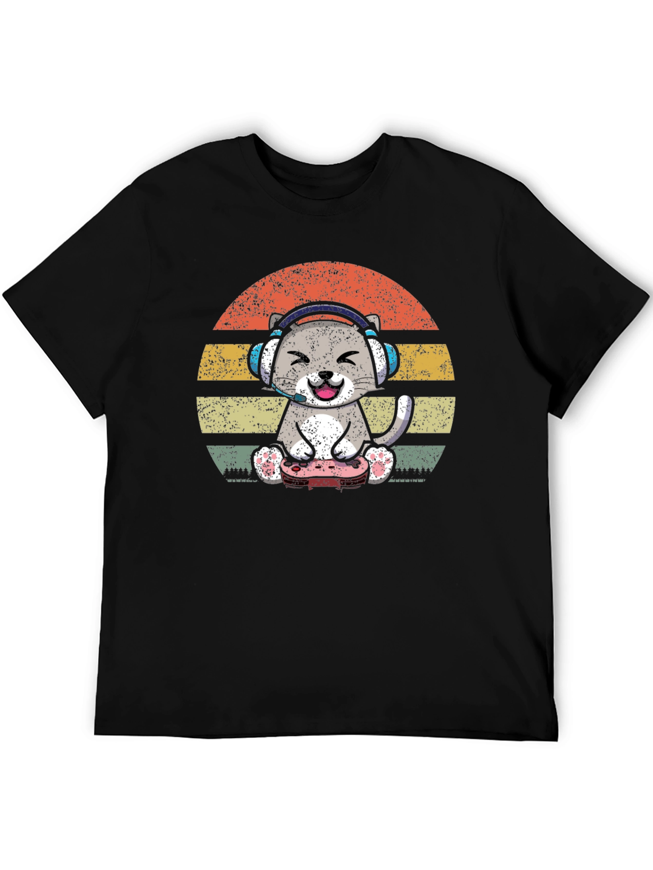 Black Gamer Cat T-Shirt - Vintage Sunset Design view 5