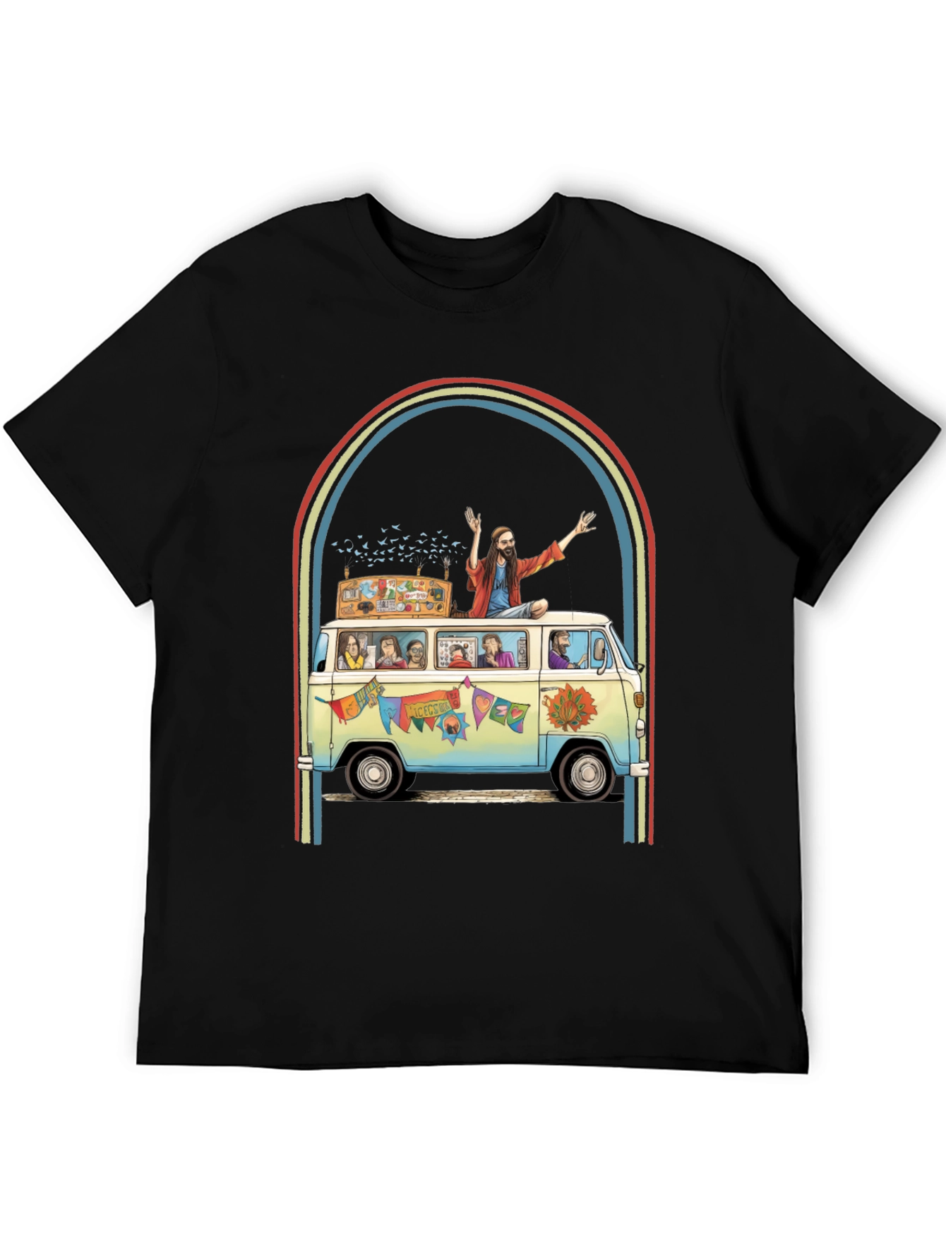 Black Hippie Bus T-Shirt - Groovy Retro Style view 5