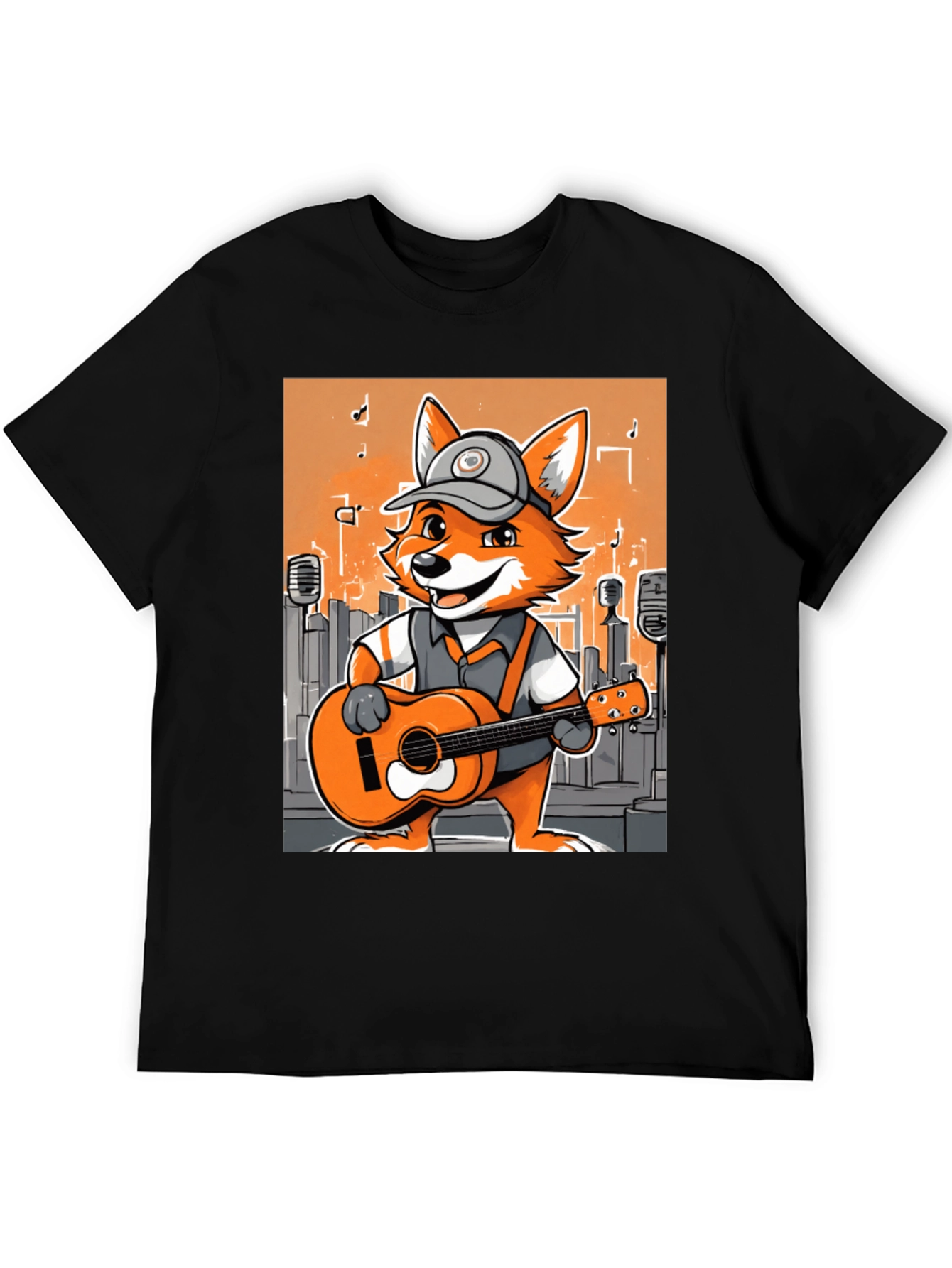 Black Cartoon Fox Musician Graphic Tee view 5