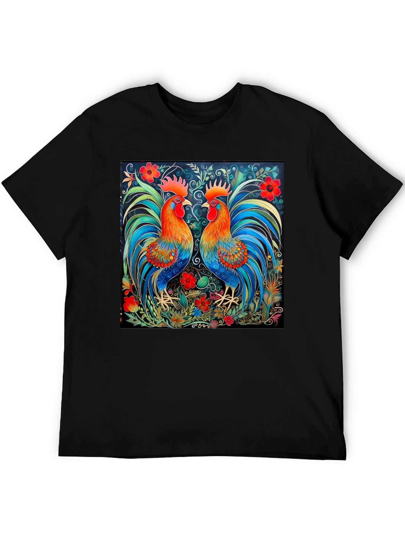 Black Rooster Art Print Black T-Shirt - Stylish Graphic Tee view 5